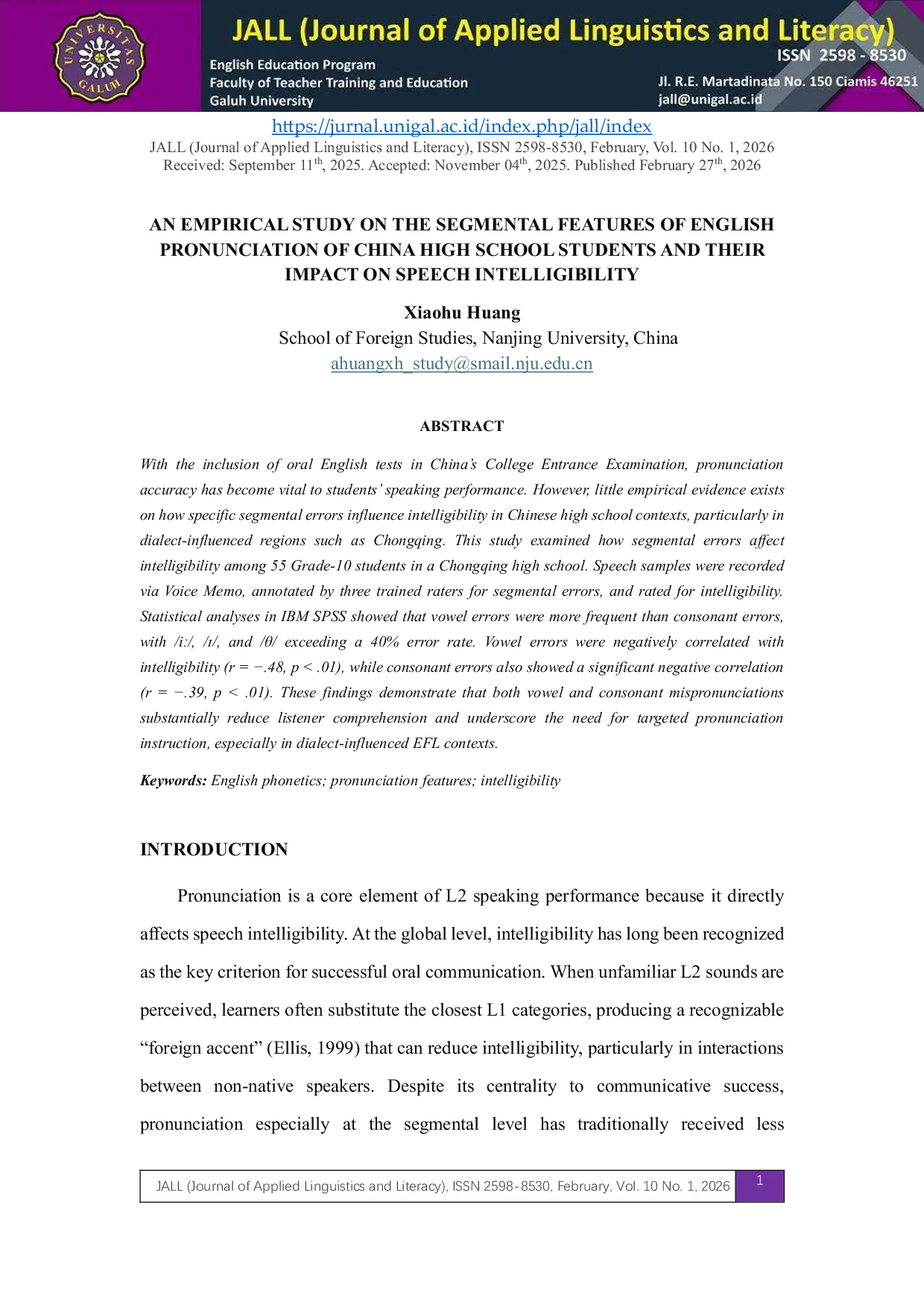 JURIS An Empirical Study on the Segmental Features of English Pronunciation of High School Students and Their Impact on Speech Intelligibility