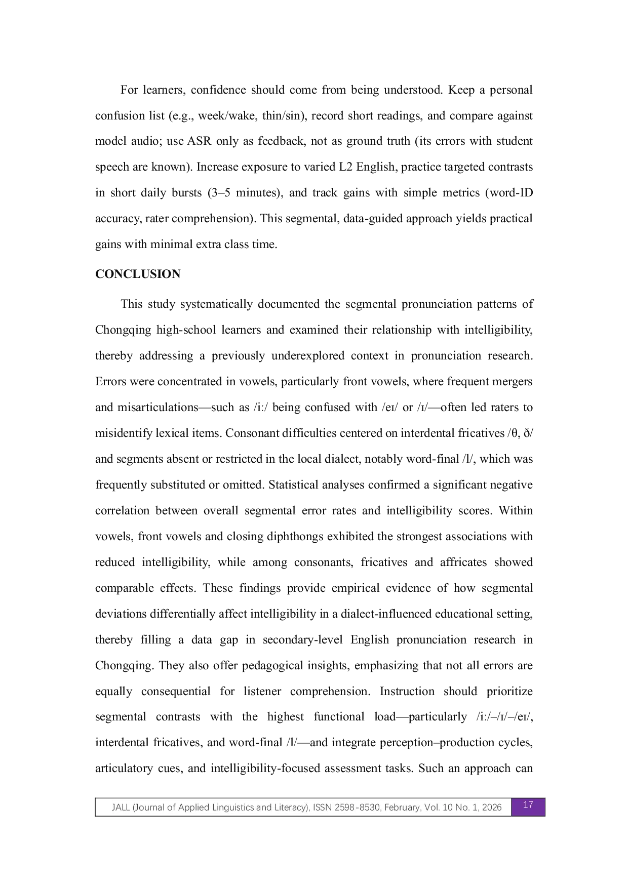 JURIS An Empirical Study on the Segmental Features of English Pronunciation of High School Students and Their Impact on Speech Intelligibility