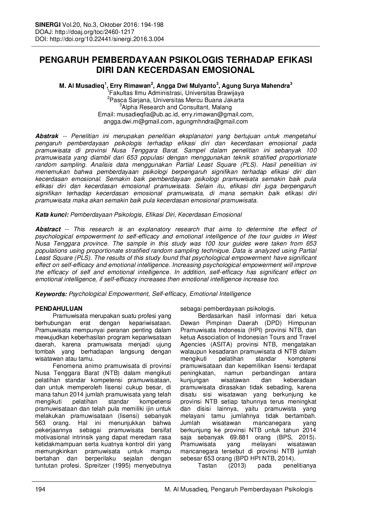 JURIS Pengaruh Pemberdayaan Psikologis Terhadap Efikasi Diri Dan Kecerdasan Emosional