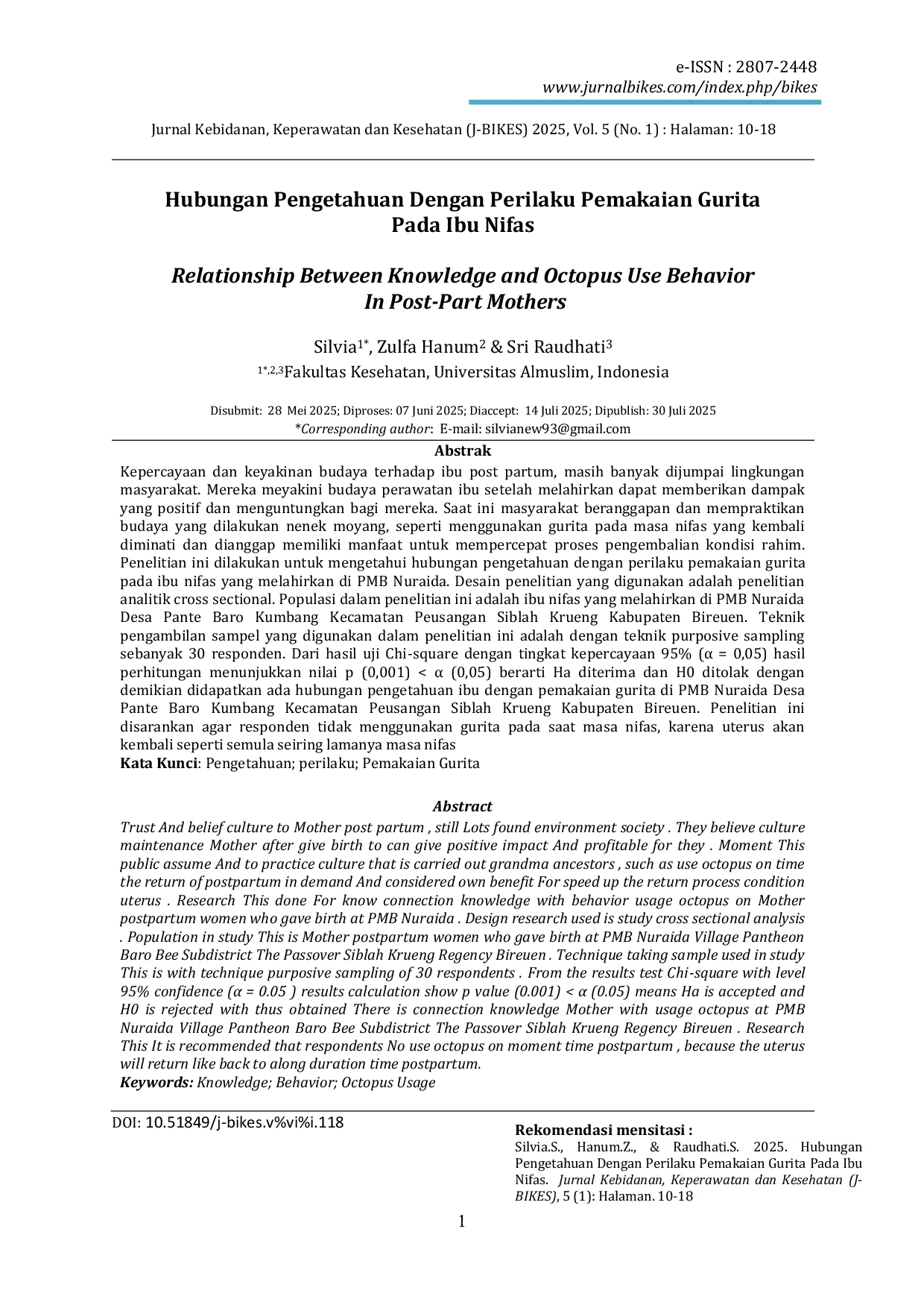 JURIS Hubungan Pengetahuan Dengan Perilaku Pemakaian Gurita Pada Ibu Nifas
