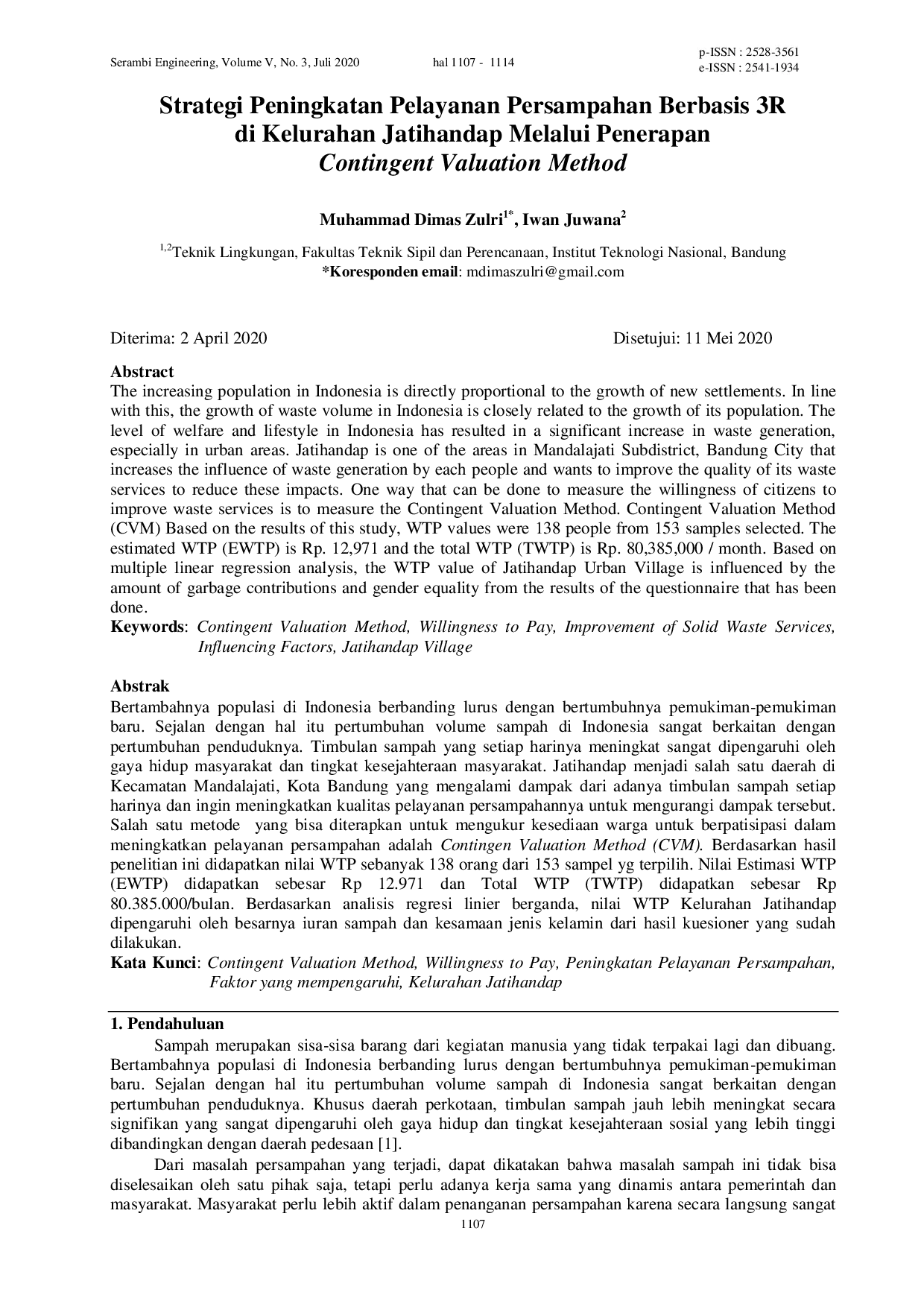 JURIS Strategi Peningkatan Pelayanan Persampahan Berbasis 3R di Kelurahan Jatihandap Melalui Penerapan Contingent Valuation Method