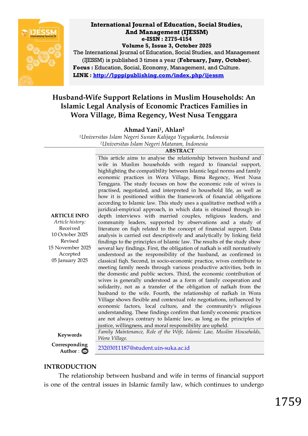 JURIS Husband Wife Support Relations in Muslim Households An Islamic Legal Analysis of Economic Practices Families in Wora Village Bima Regency West Nusa Tenggara