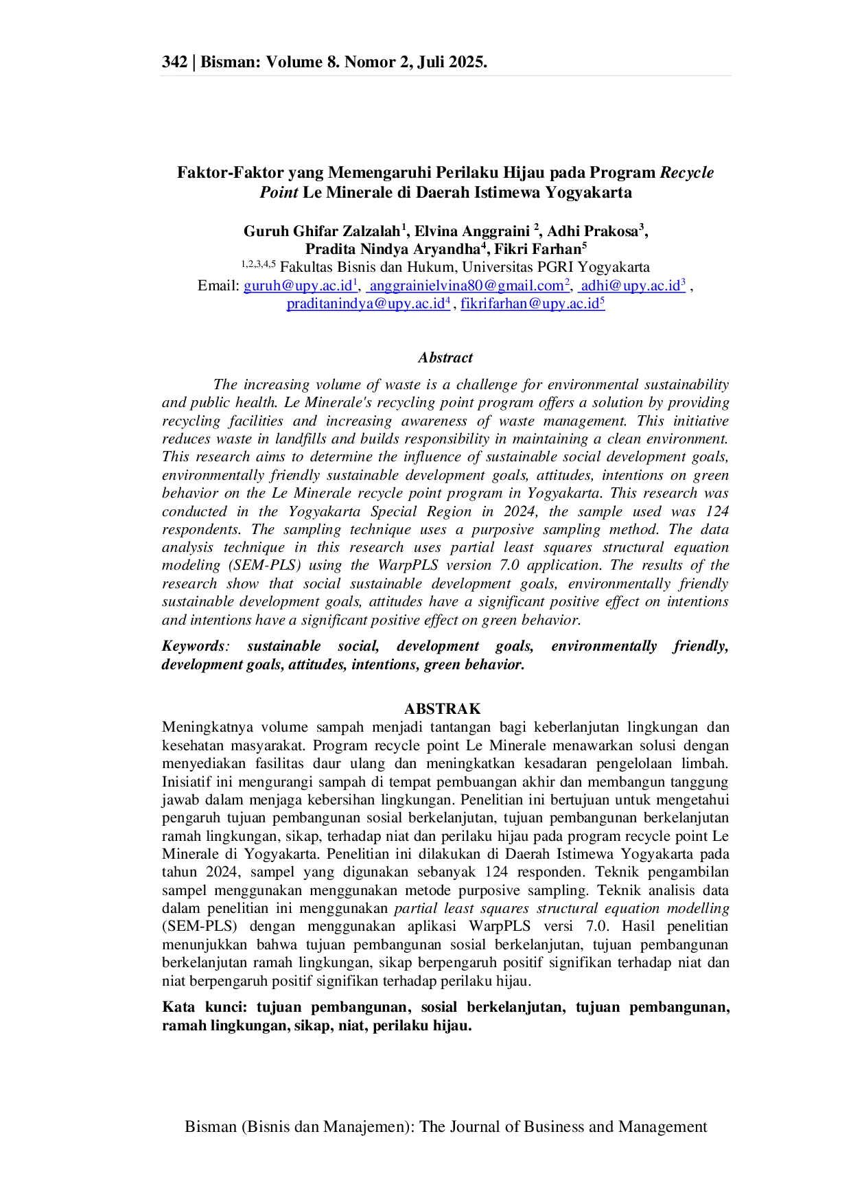JURIS Faktor Faktor Yang Memengaruhi Perilaku Hijau Pada Program Recycle Point Le Minerale Di Daerah Istimewa Yogyakarta