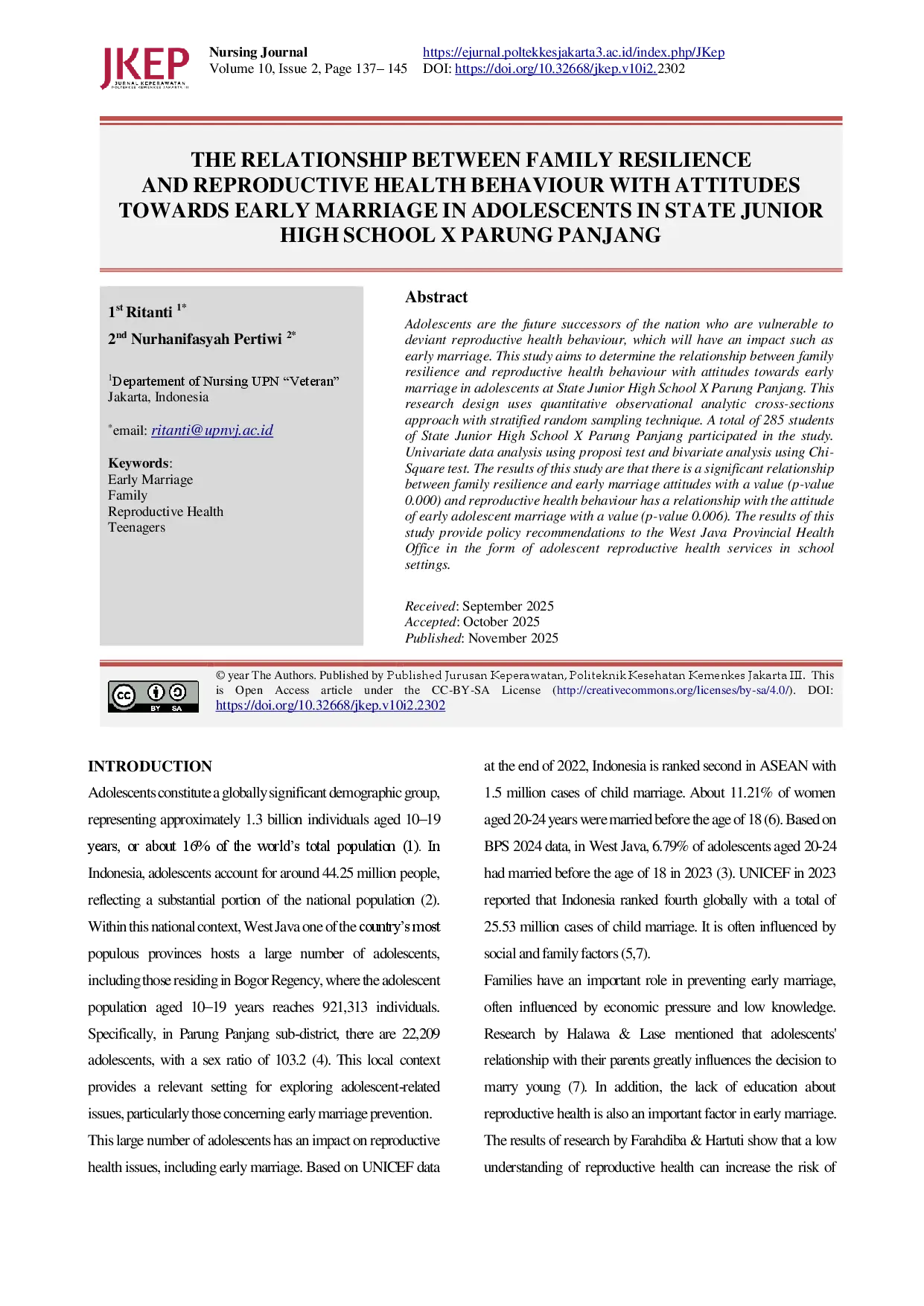 juris Hubungan Ketahanan Keluarga Dan Perilaku Kesehatan Reproduksi Dengan Sikap Terhadap Perkawinan Dini Pada Remaja Di Smp Negeri X Parung Panjang