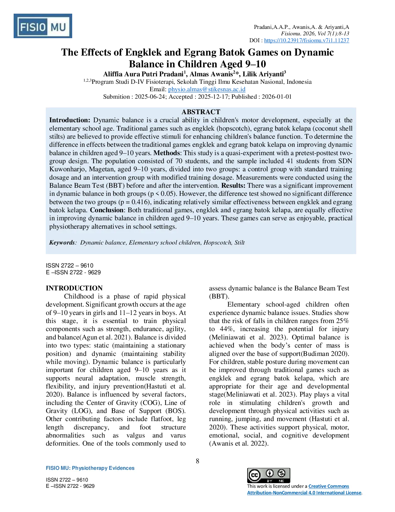 JURIS The Effects Of Engklek And Egrang Batok Games On Dynamic Balance In Children Aged 9 10