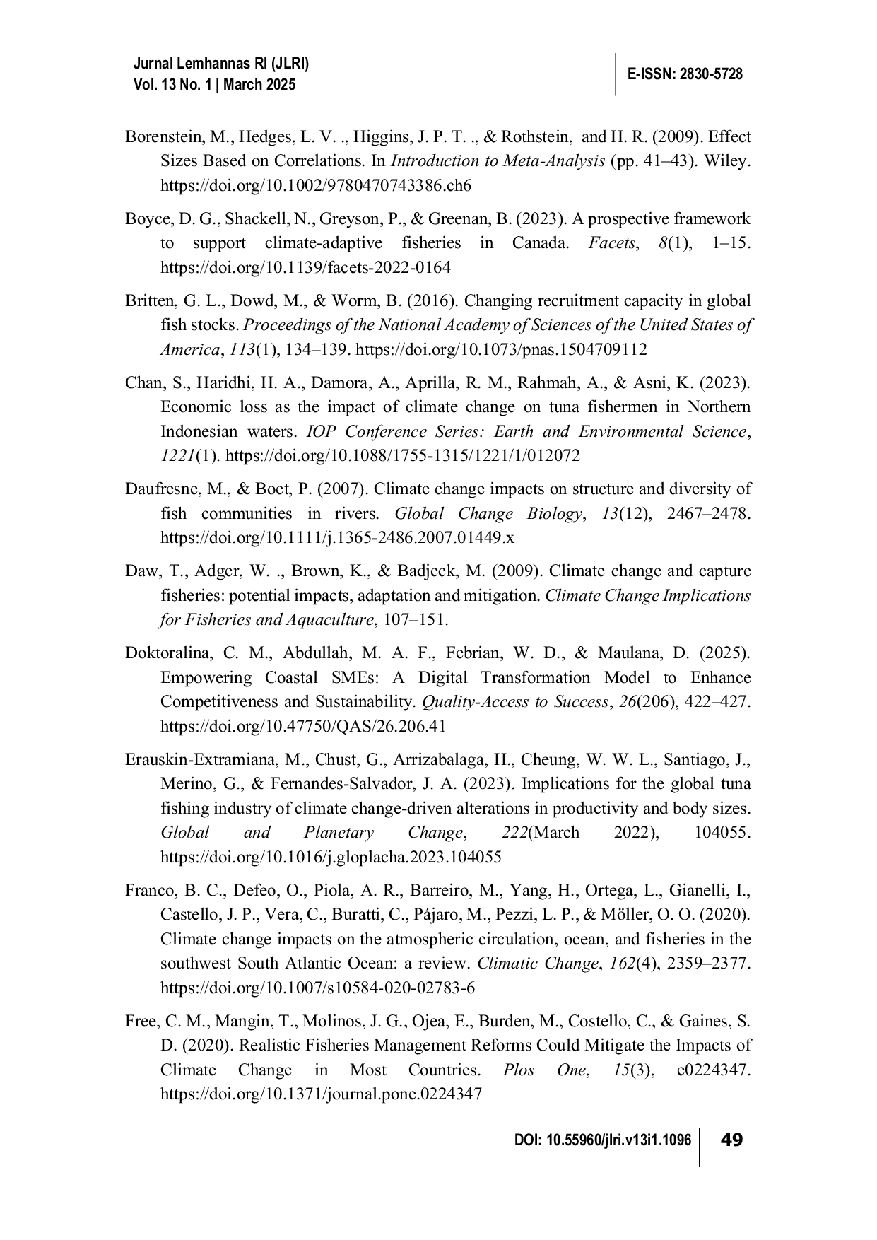 JURIS Climate Change and Fisheries Meta Synthesis of Regional Vulnerabilities and Responses