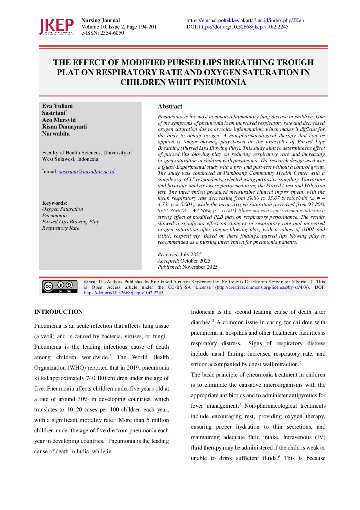 juris Efek Modifikasi Pursed Lips Breathing Melalui Bermain Tiup Pelat terhadap Laju Pernapasan dan Saturasi Oksigen pada Anak dengan Pneumonia