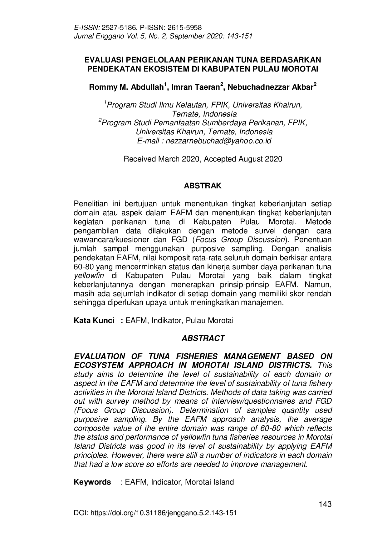 JURIS Evaluasi Pengelolaan Perikanan Tuna Berdasarkan Pendekatan Ekosistem di Kabupaten Pulau Morotai