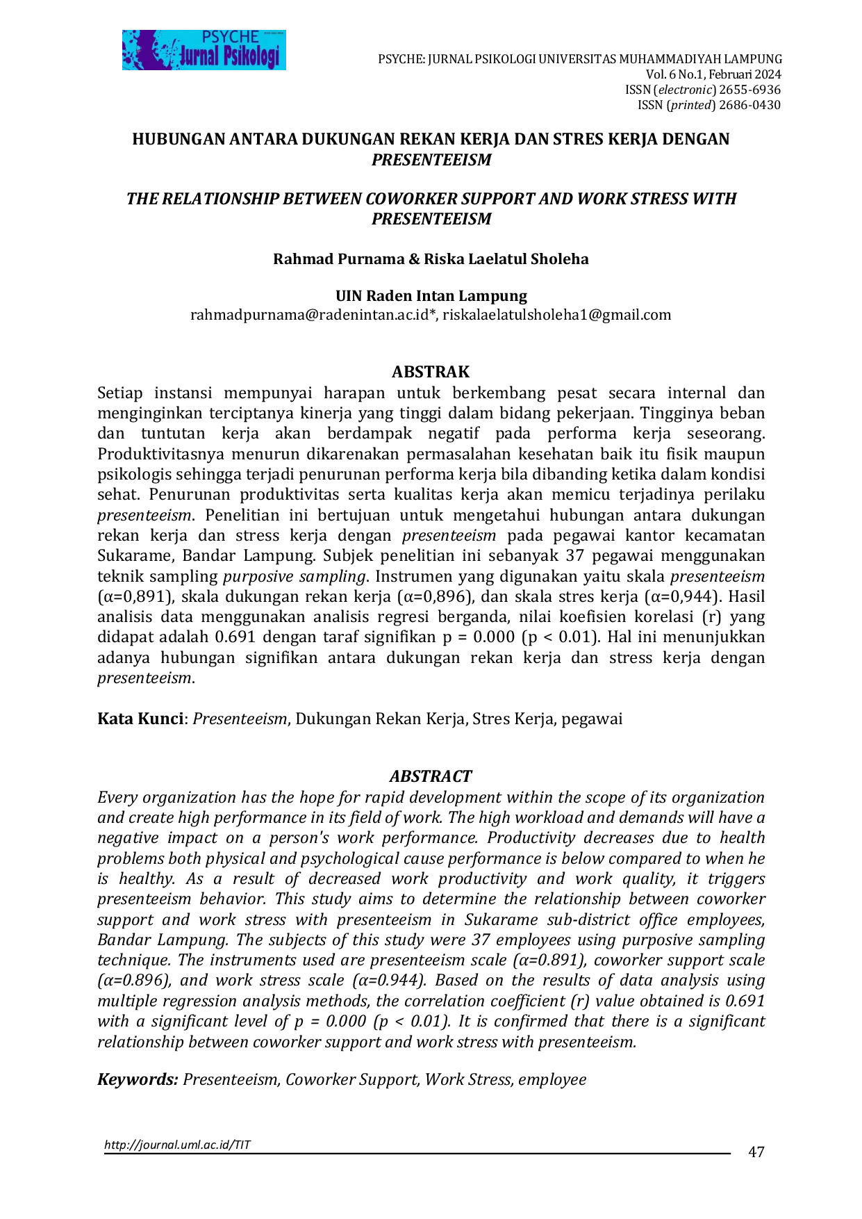 JURIS Hubungan Antara Dukungan Rekan Kerja dan Stres Kerja dengan Presenteeism