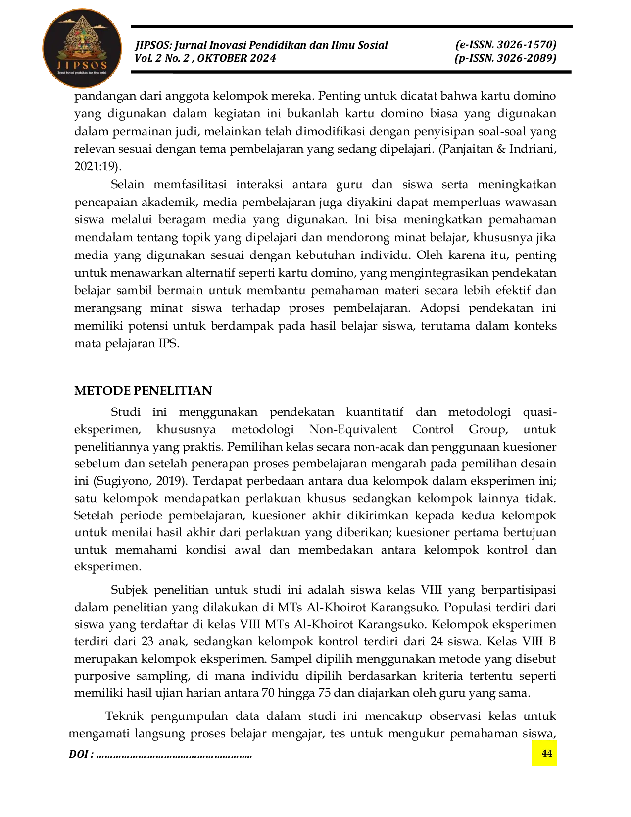 JURIS Pengaruh Penggunaan Media Domino Card Terhadap Hasil Belajar Kognitif Siswa Pada Mata Pelajaran IPS Kelas VIII Di MTS Al Khoirot Karangsuko