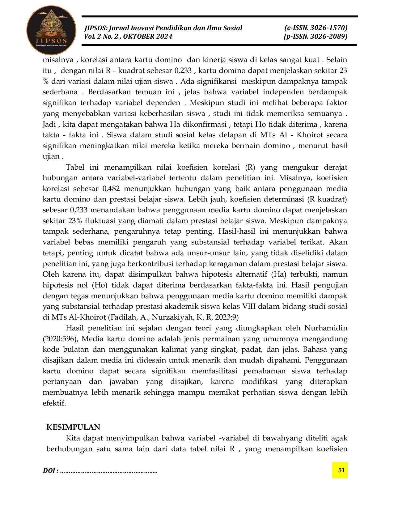 JURIS Pengaruh Penggunaan Media Domino Card Terhadap Hasil Belajar Kognitif Siswa Pada Mata Pelajaran IPS Kelas VIII Di MTS Al Khoirot Karangsuko