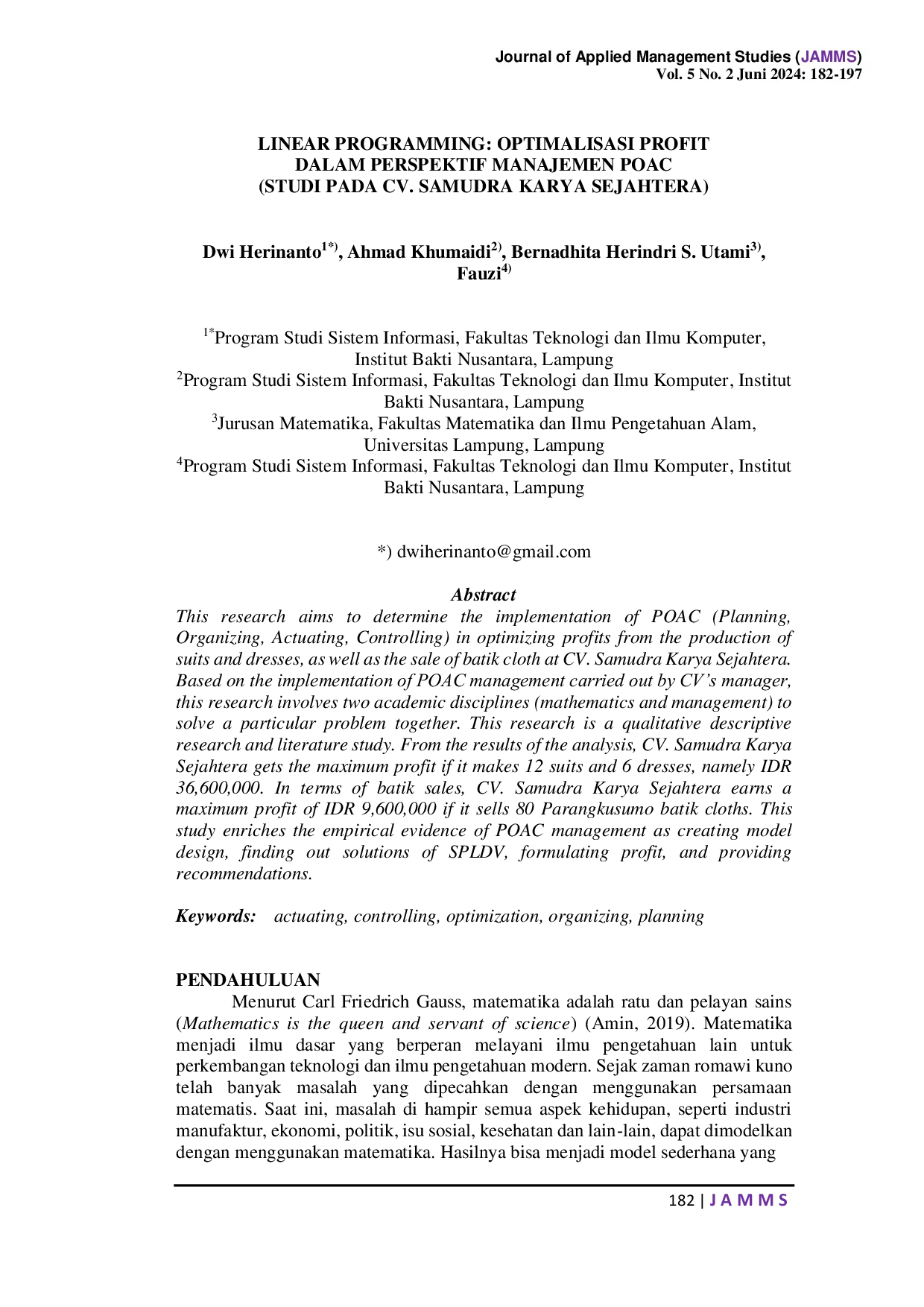JURIS Linear Programming Optimalisasi Profit dalam Perspektif Manajemen POAC Studi pada CV Samudra Karya Sejahtera