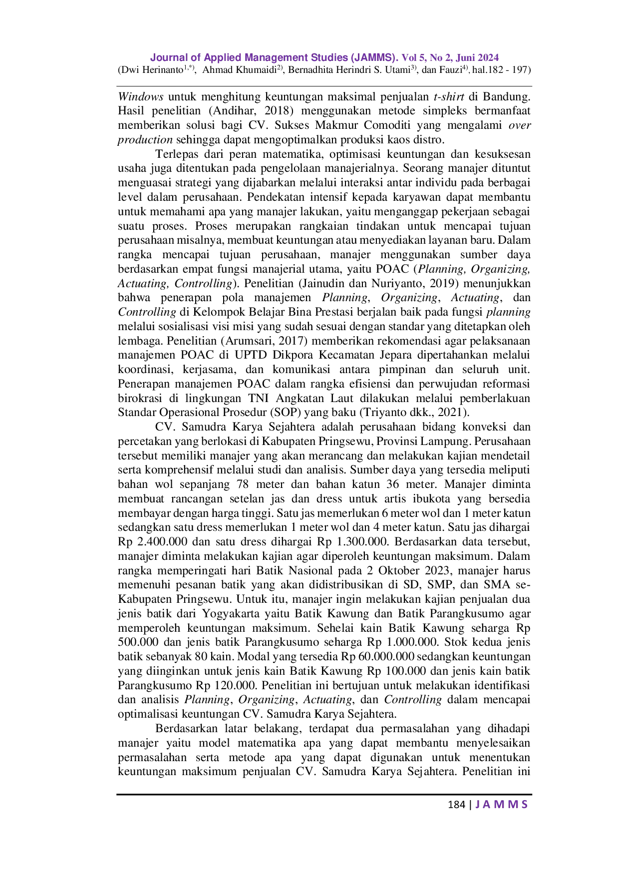 JURIS Linear Programming Optimalisasi Profit dalam Perspektif Manajemen POAC Studi pada CV Samudra Karya Sejahtera