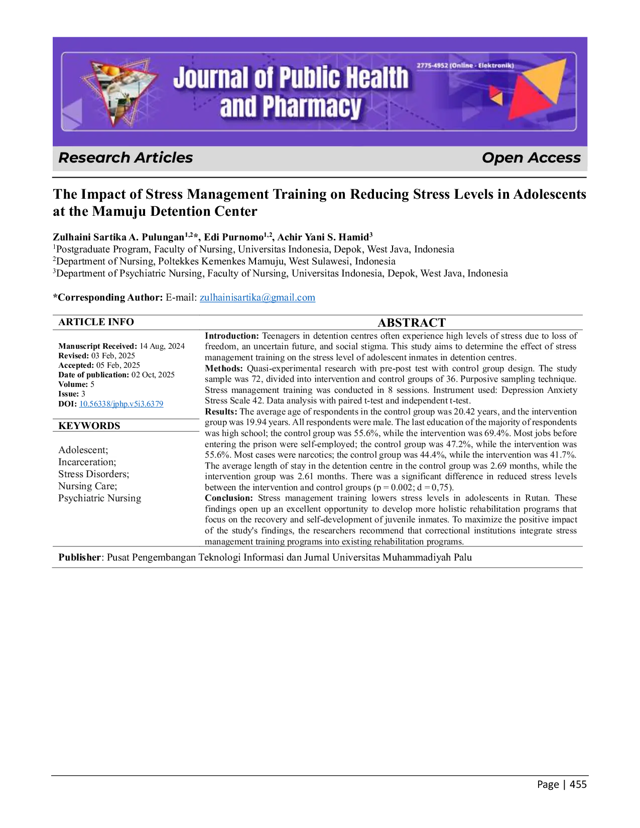 JURIS The Impact Of Stress Management Training On Reducing Stress Levels In Adolescents At The Mamuju Detention Center