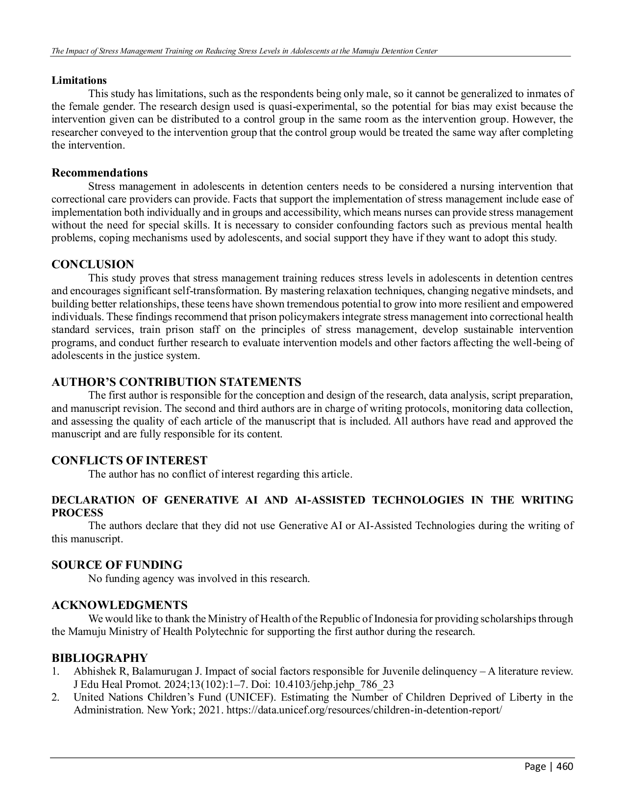 JURIS The Impact Of Stress Management Training On Reducing Stress Levels In Adolescents At The Mamuju Detention Center