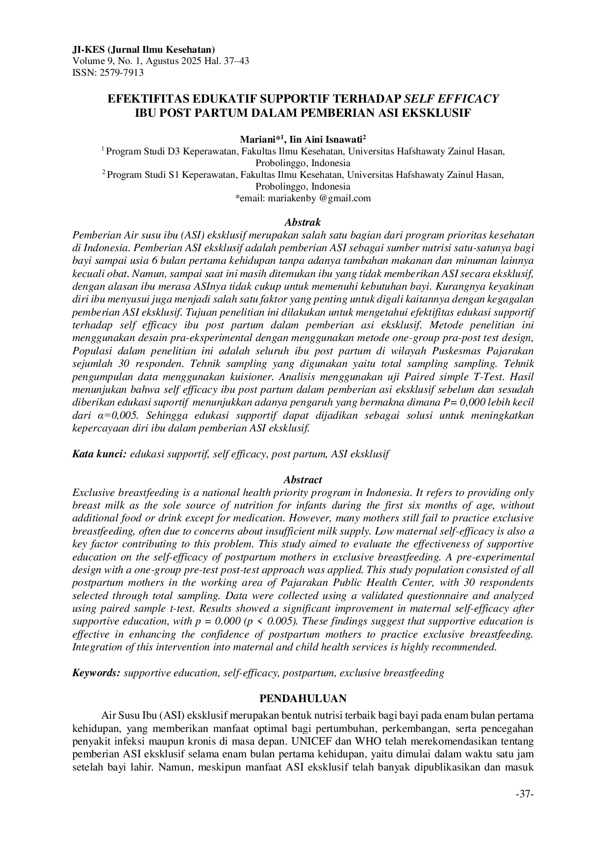 JURIS Efektifitas Edukatif Supportif terhadap Self Efficacy Ibu Post Partum dalam Pemberian Asi Ekslusif