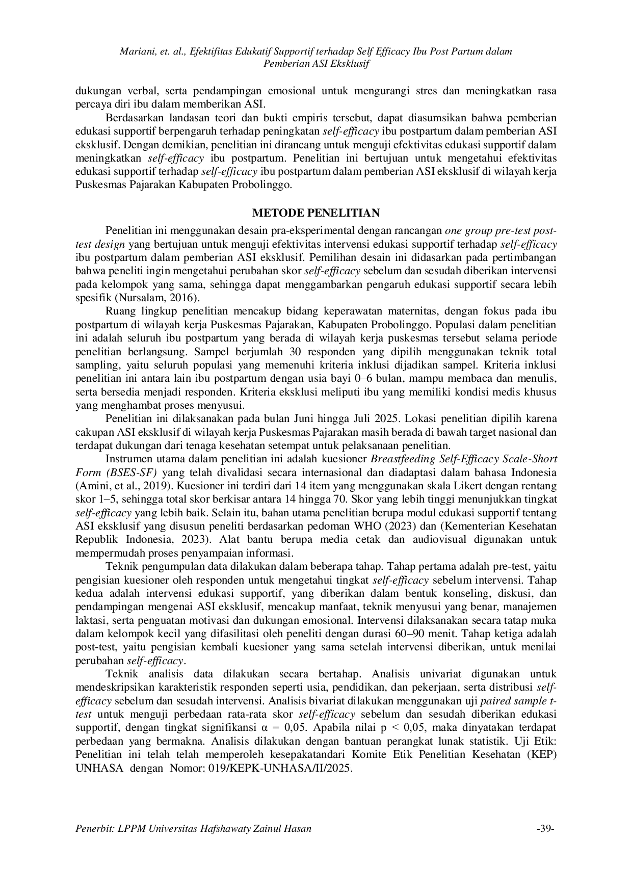 JURIS Efektifitas Edukatif Supportif terhadap Self Efficacy Ibu Post Partum dalam Pemberian Asi Ekslusif