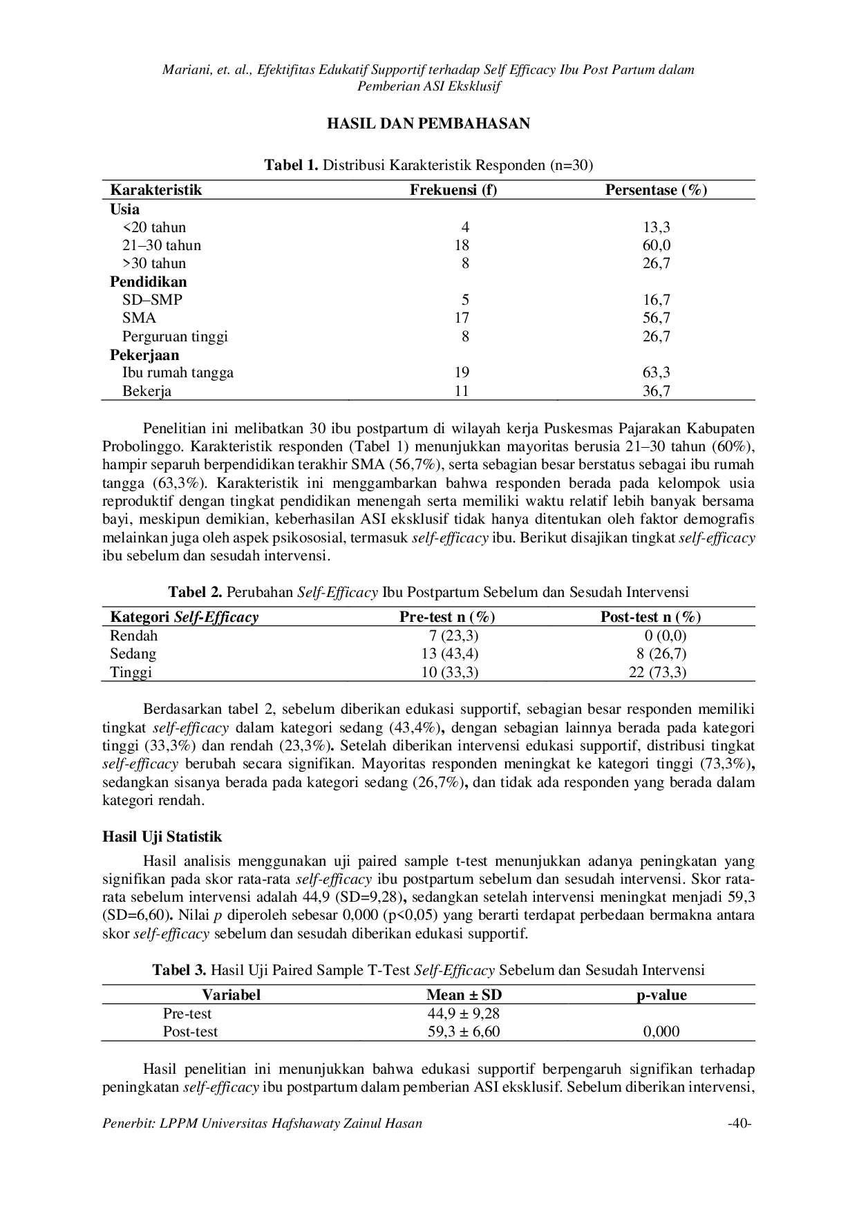 JURIS Efektifitas Edukatif Supportif terhadap Self Efficacy Ibu Post Partum dalam Pemberian Asi Ekslusif