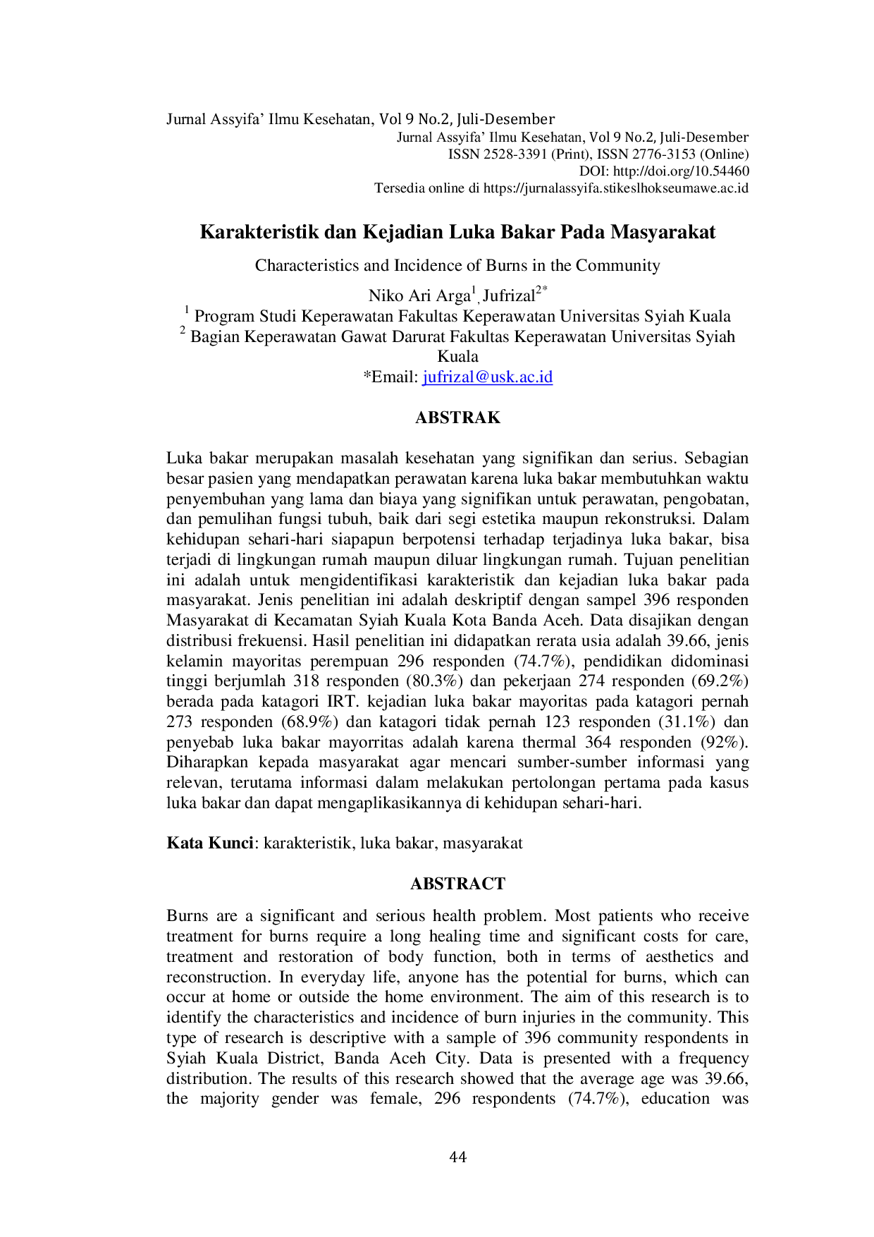 JURIS Karakteristik dan Kejadian Luka Bakar Pada Masyarakat