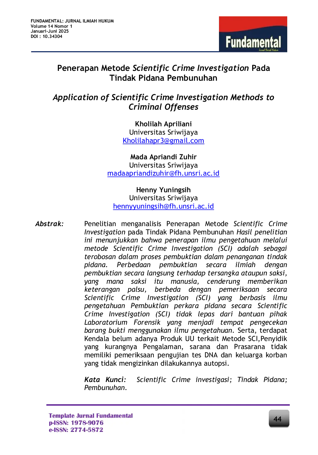 JURIS Penerapan Metode Scientific Crime Investigation Pada tindak pidana Pembunuhan