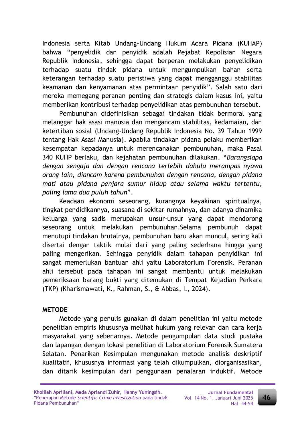 JURIS Penerapan Metode Scientific Crime Investigation Pada tindak pidana Pembunuhan