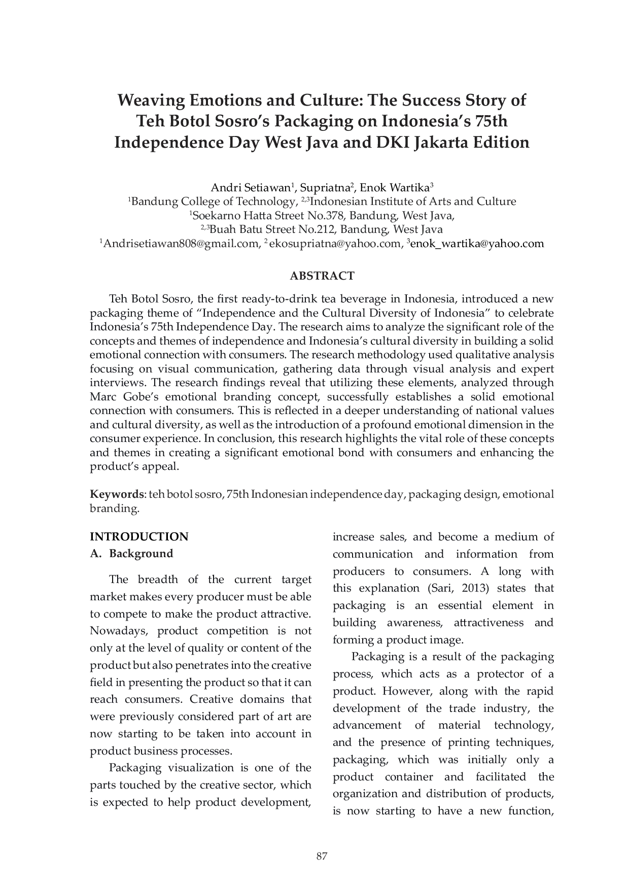 JURIS Weaving Emotions and Culture The Success Story of Teh Botol Sosro s Packaging on Indonesia s 75th Independence Day West Java and DKI Jakarta Edition