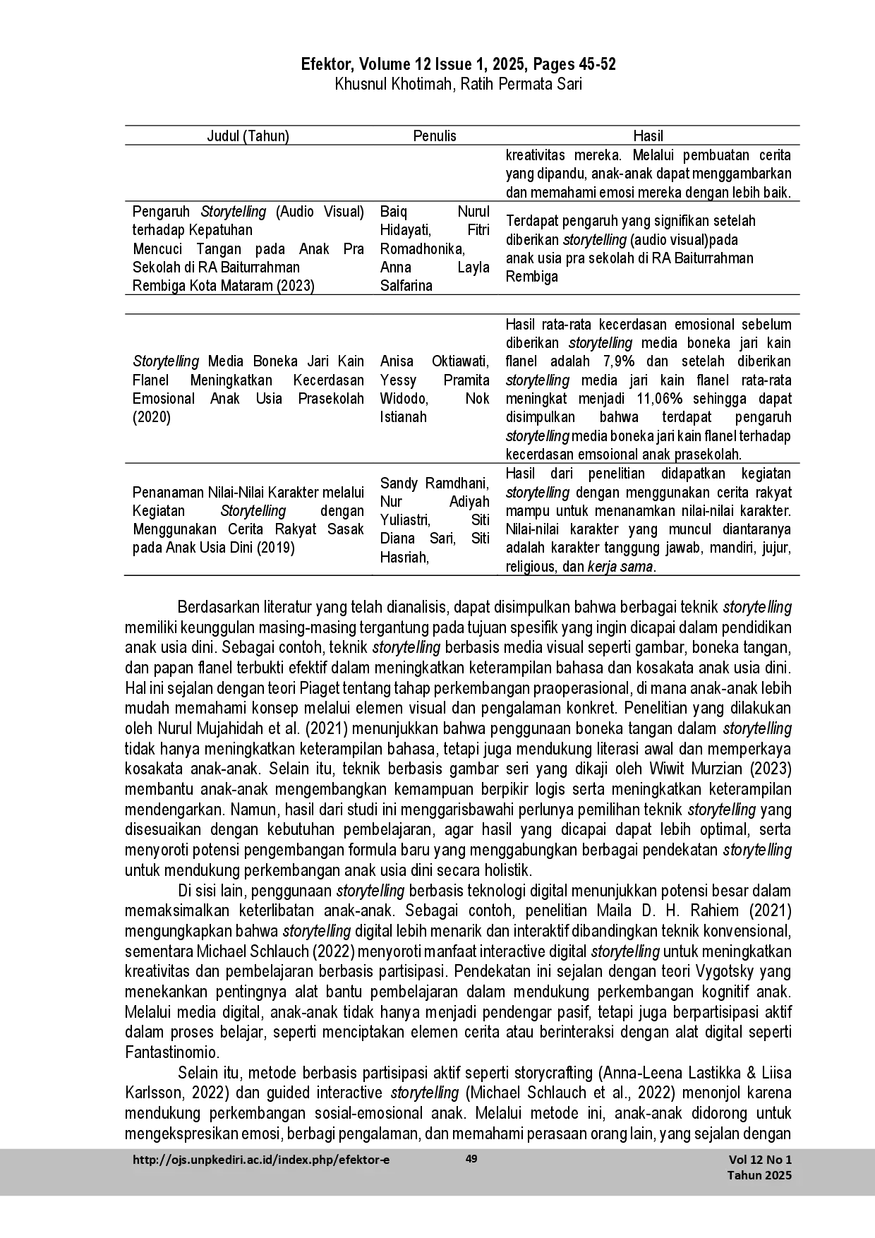 juris Evaluating Various Storytelling Techniques for Early Childhood Education A Literature Review