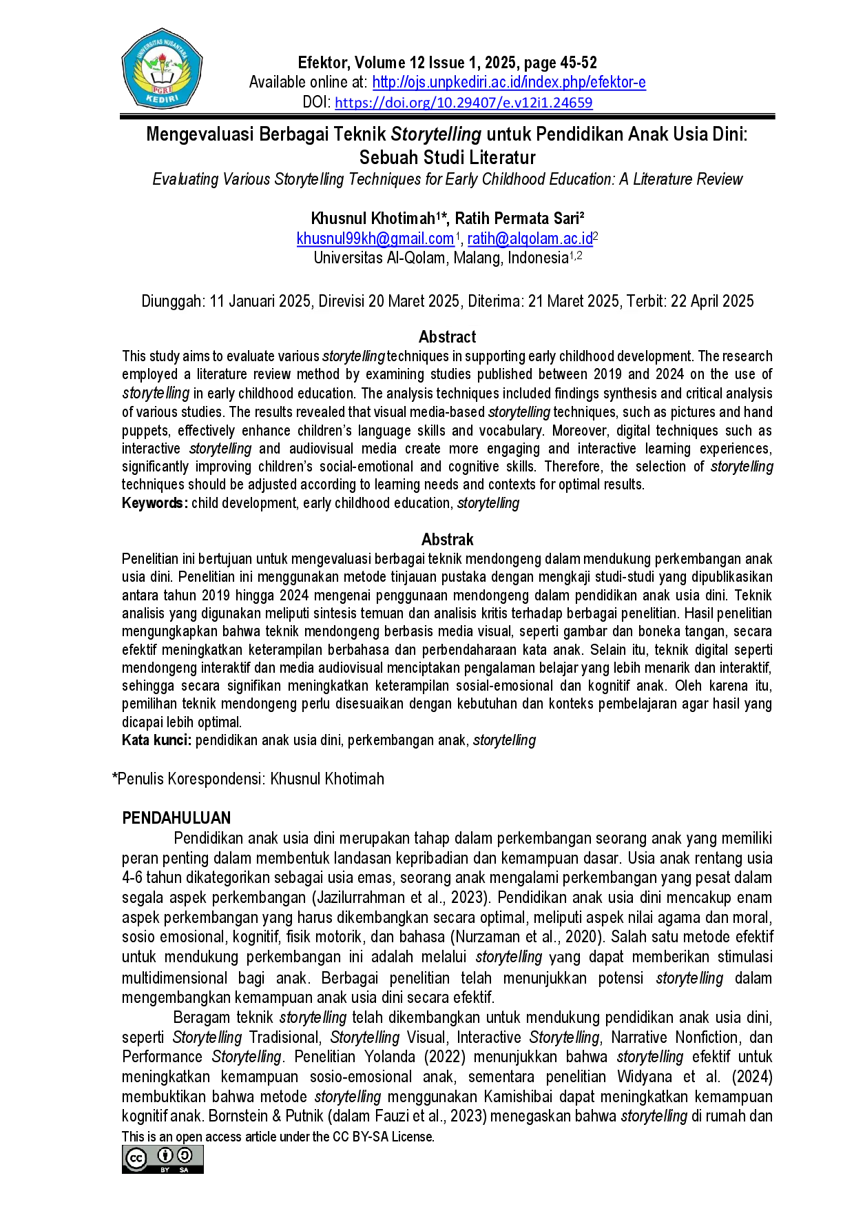 juris Evaluating Various Storytelling Techniques for Early Childhood Education A Literature Review