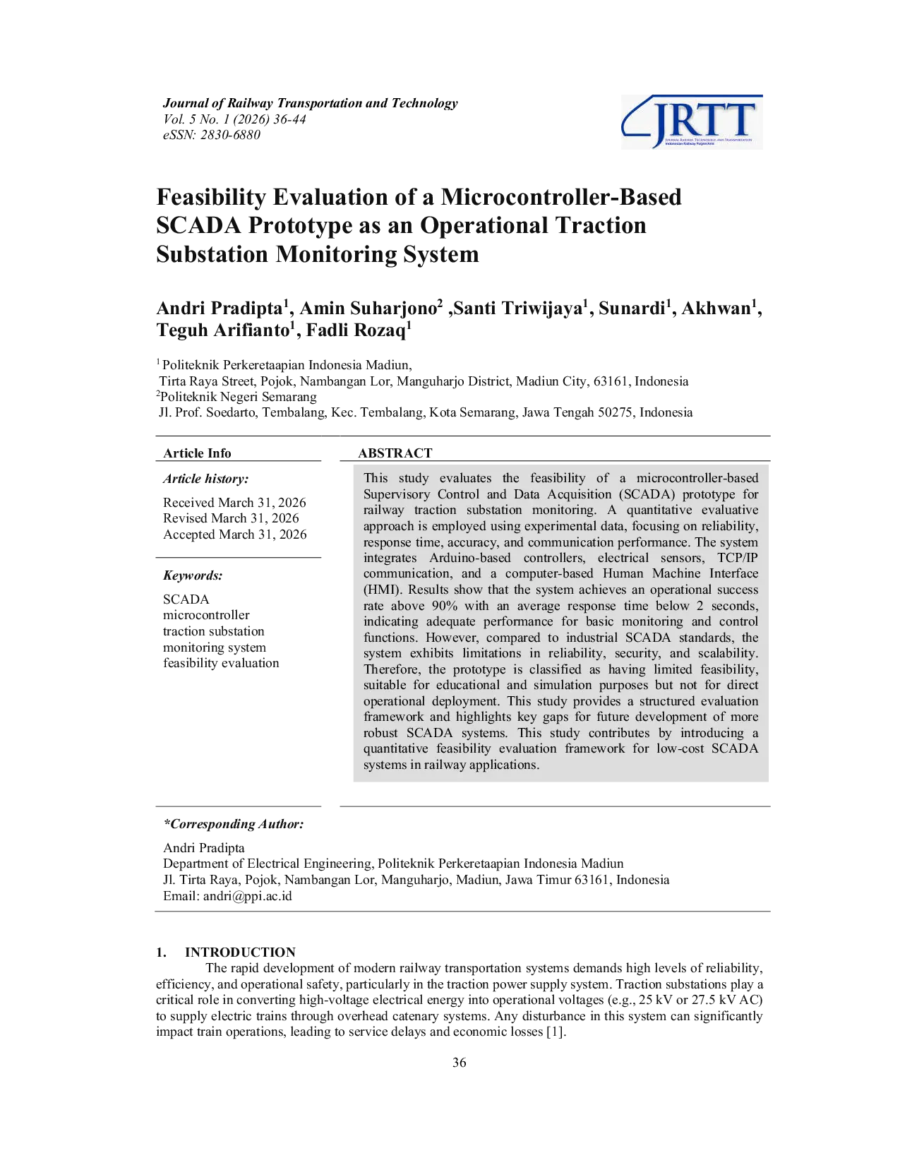 JURIS Feasibility Evaluation of a Microcontroller Based SCADA Prototype as an Operational Traction Substation Monitoring System