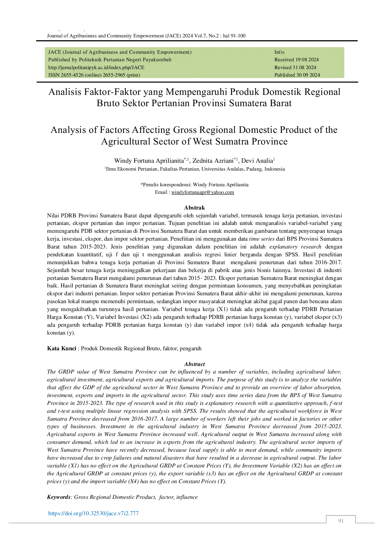 JURIS Analisis Faktor Faktor yang Mempengaruhi Produk Domestik Regional Bruto Sektor Pertanian Provinsi Sumatera Barat