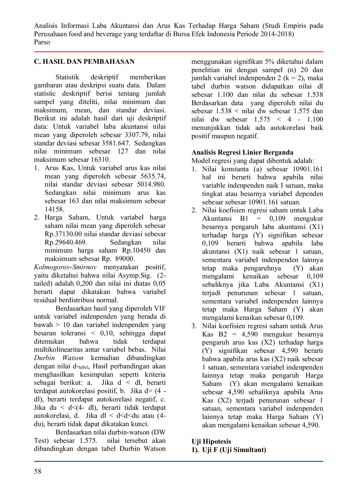 JURIS Analisis Informasi Laba Akuntansi Dan Arus Kas Terhadap Harga Saham Studi Empiris Pada Perusahaan Food And Beverage Yang Terdaftar Di Bursa Efek Indonesia Periode 2014 2018 Parso