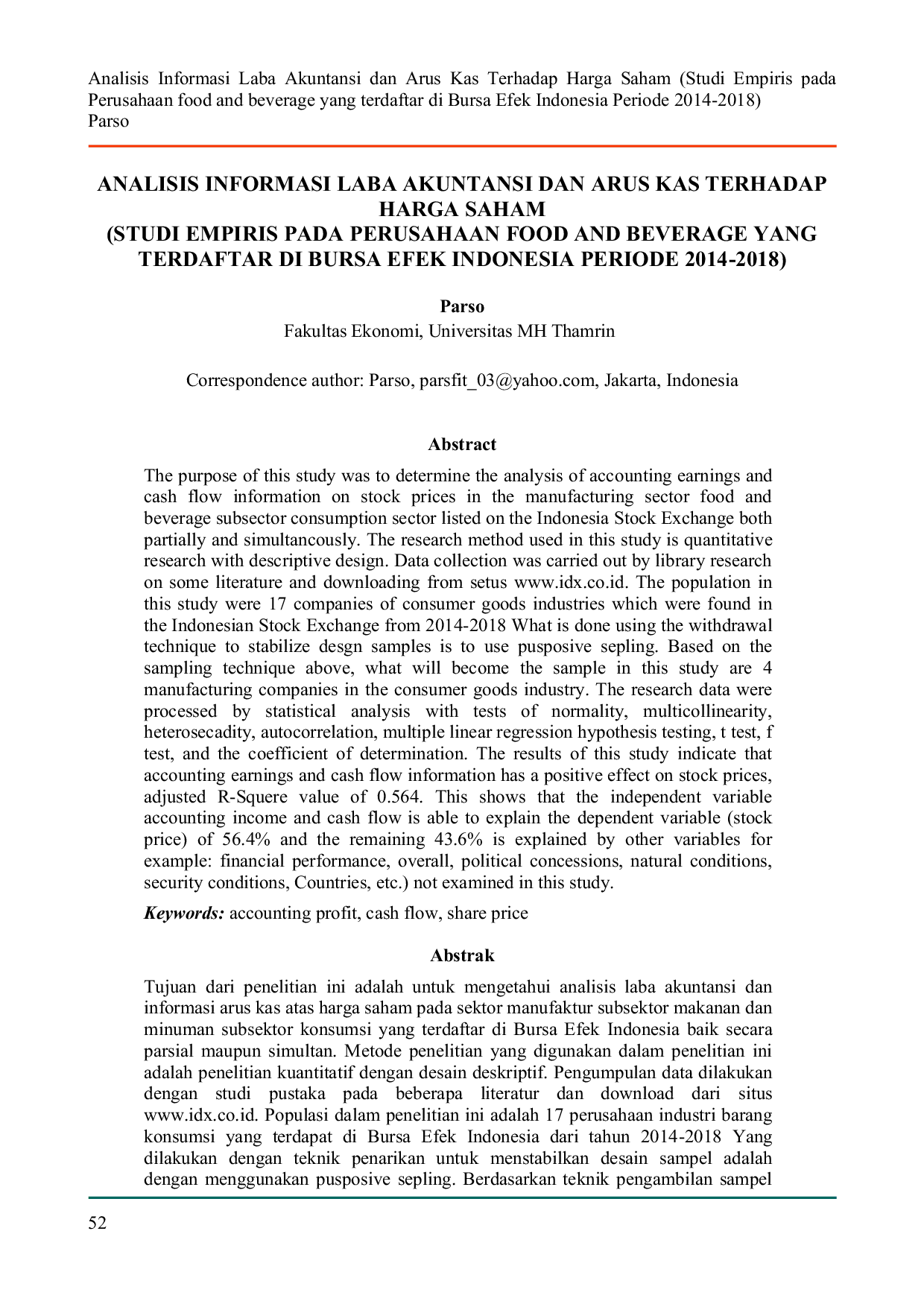 JURIS Analisis Informasi Laba Akuntansi Dan Arus Kas Terhadap Harga Saham Studi Empiris Pada Perusahaan Food And Beverage Yang Terdaftar Di Bursa Efek Indonesia Periode 2014 2018 Parso