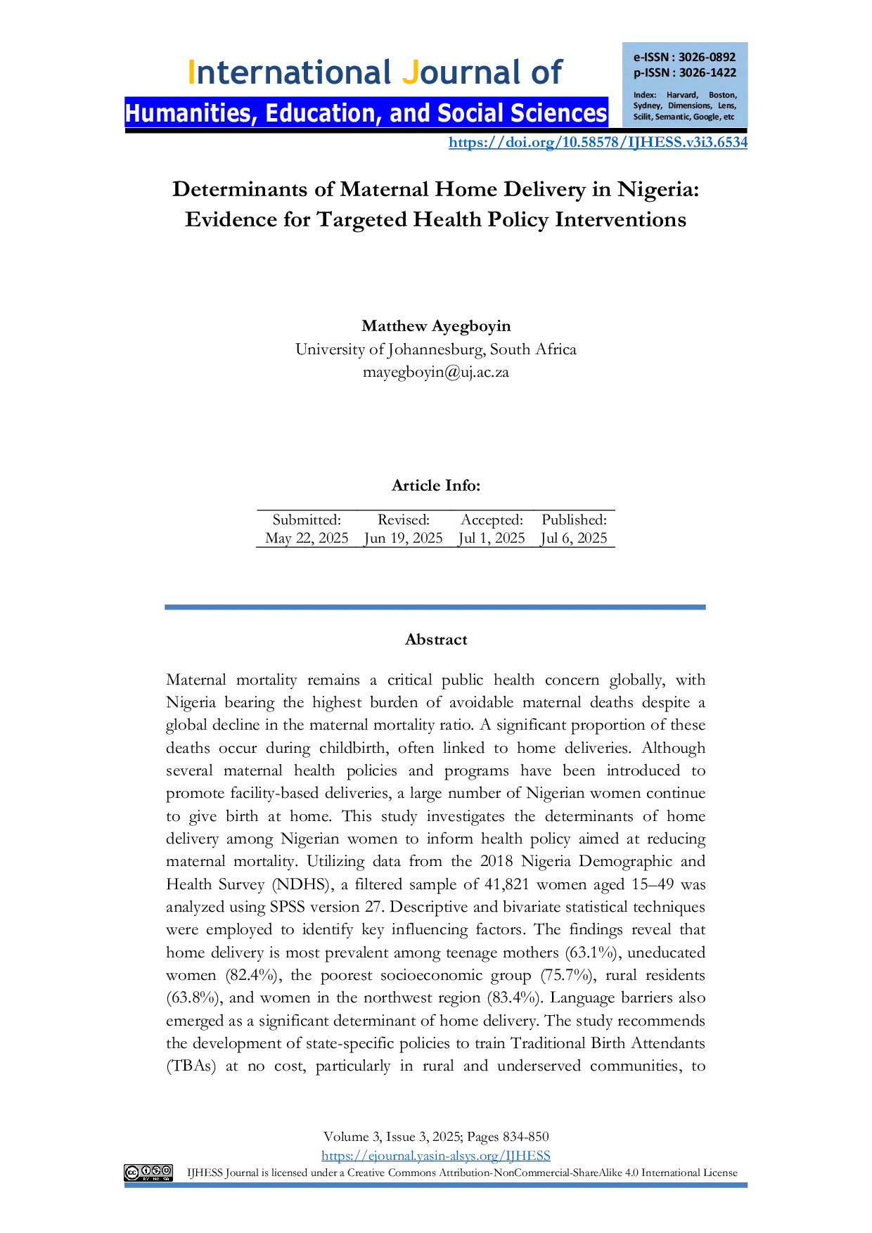 JURIS Determinants of Maternal Home Delivery in Nigeria Evidence for Targeted Health Policy Interventions
