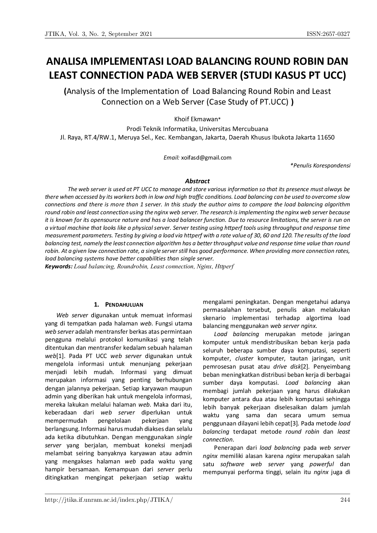 JURIS Analisa Implementasi Load Balancing Round Robin dan Least Connection pada Web Server Studi Kasus PT UCC
