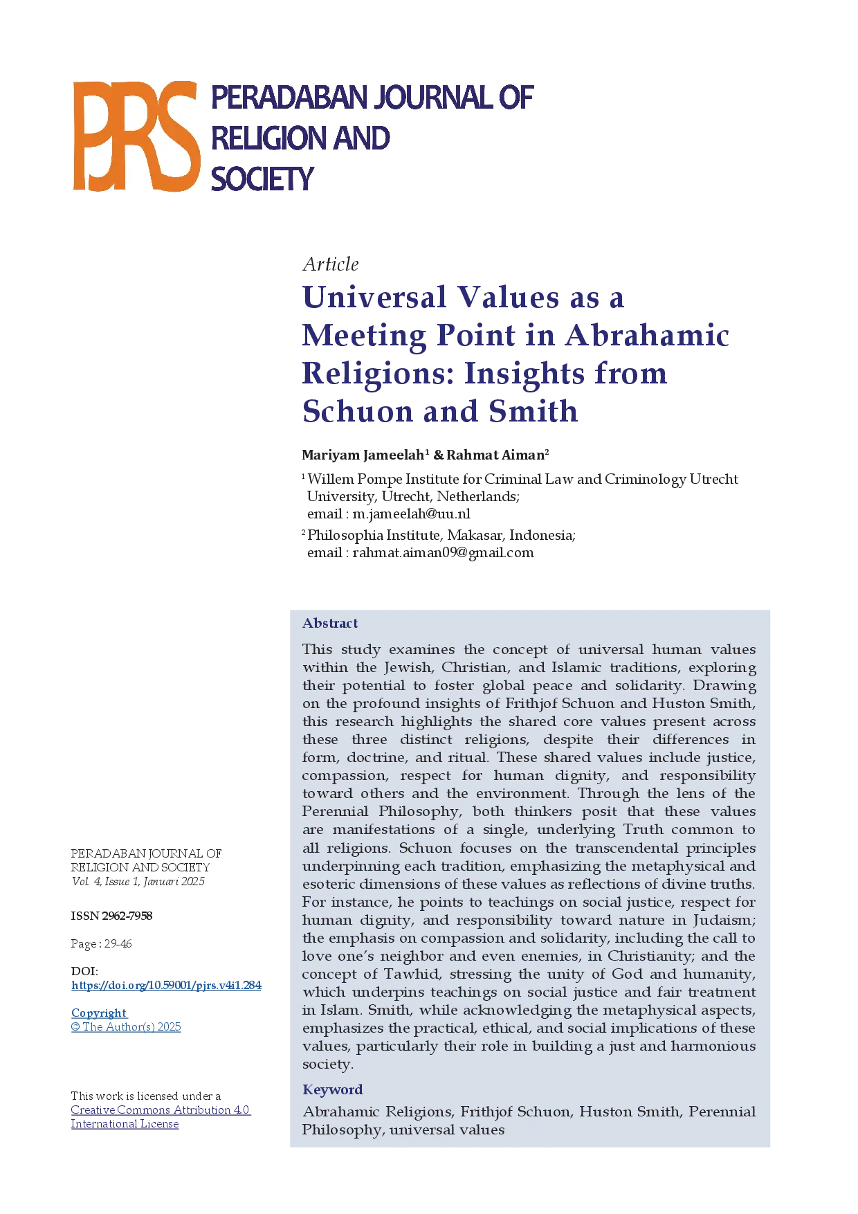 JURIS Universal Values as a Meeting Point in Abrahamic Religions