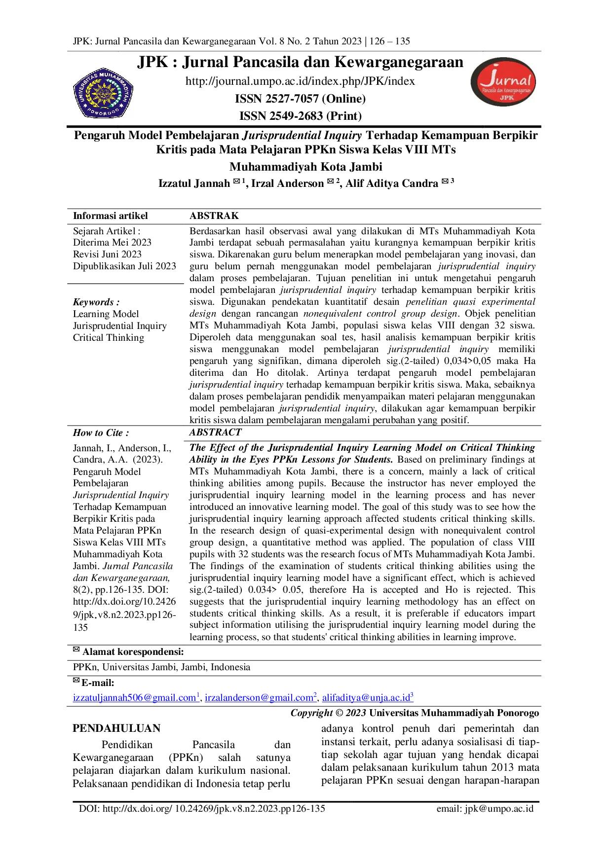JURIS Pengaruh Model Pembelajaran Jurisprudential Inquiry Terhadap Kemampuan Berpikir Kritis pada Mata Pelajaran PPKn Siswa Kelas VIII MTs Muhammadiyah Kota Jambi