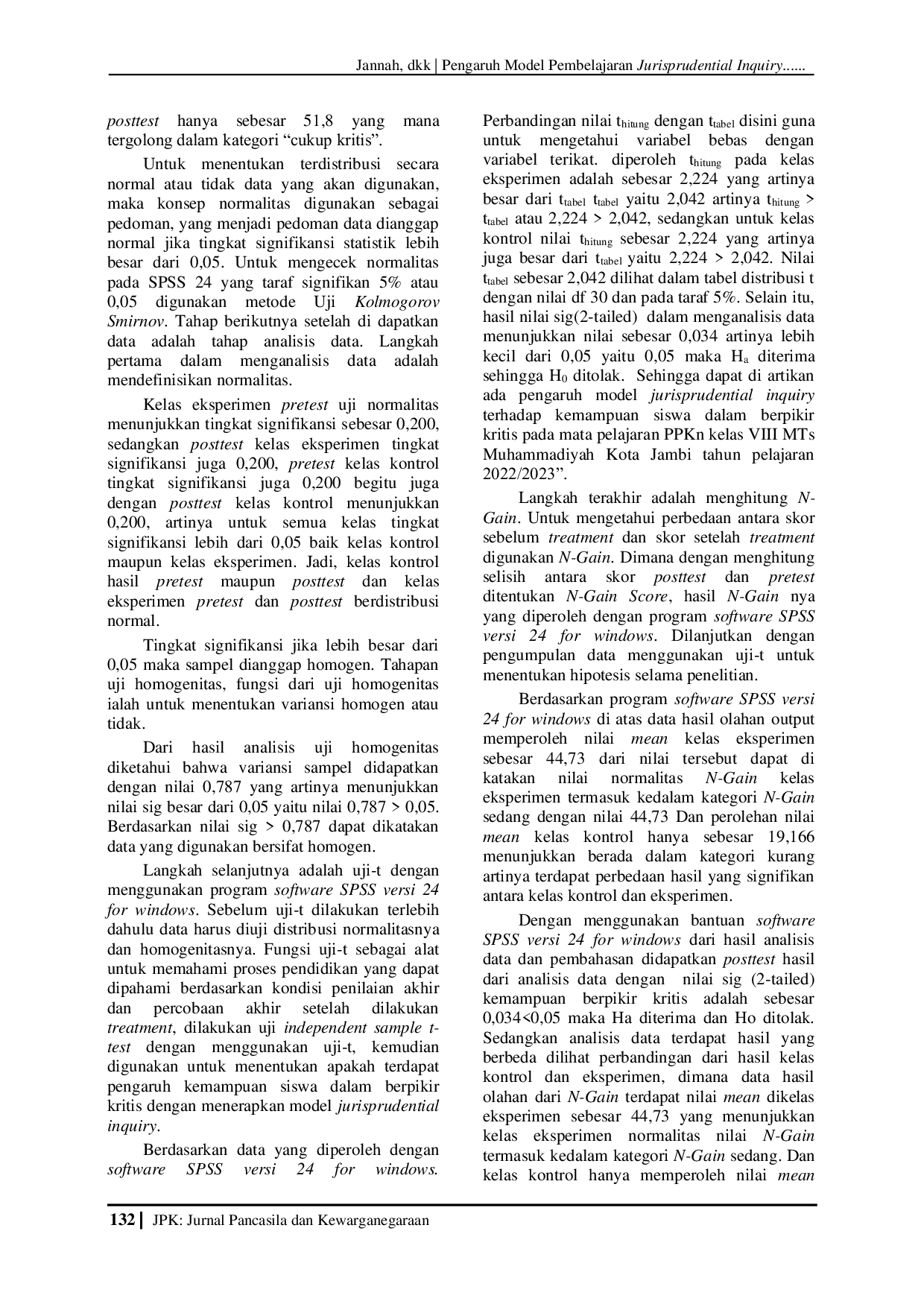 JURIS Pengaruh Model Pembelajaran Jurisprudential Inquiry Terhadap Kemampuan Berpikir Kritis pada Mata Pelajaran PPKn Siswa Kelas VIII MTs Muhammadiyah Kota Jambi