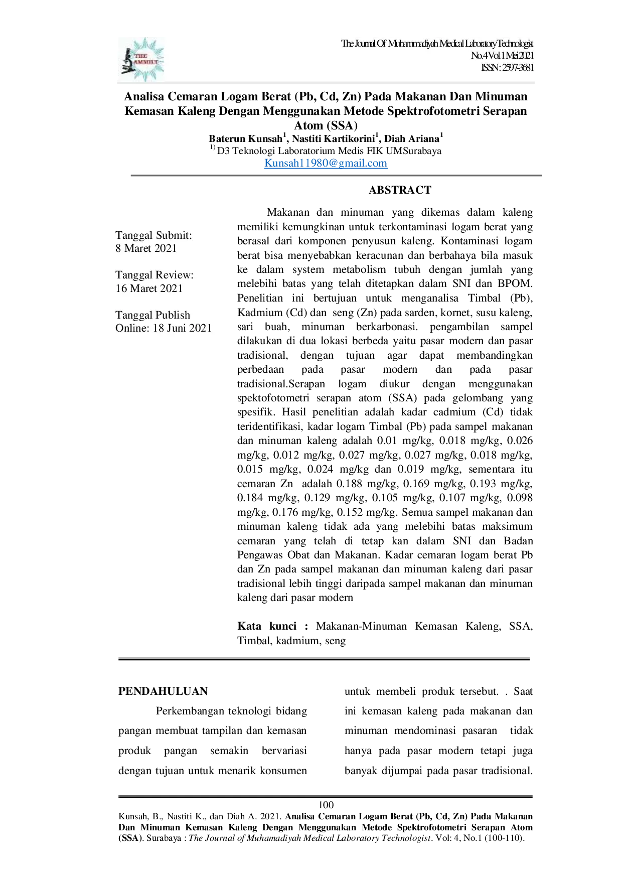 JURIS ANALISA CEMARAN LOGAM BERAT Pb Cd Zn PADA MAKANAN DAN MINUMAN KEMASAN KALENG DENGAN MENGGUNAKAN METODE Spektrofotometri Serapan Atom SSA