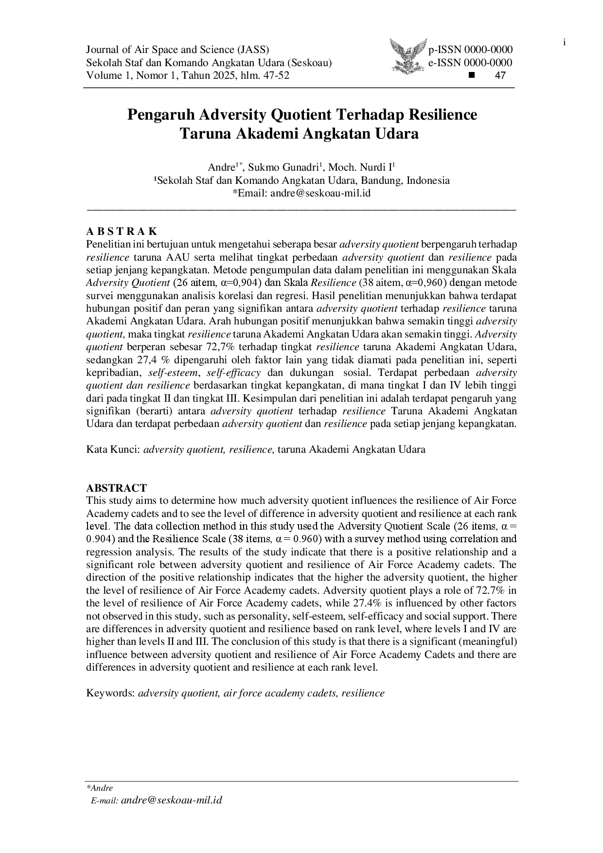 juris Pengaruh Adversity Quotient Terhadap Resilience Taruna Akademi Angkatan Udara