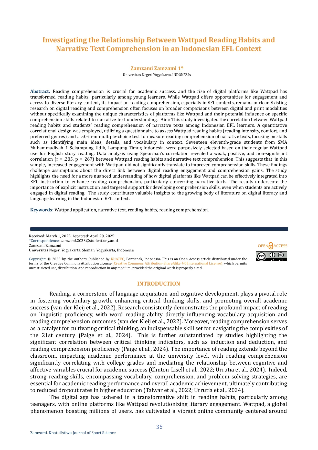 JURIS Investigating The Relationship Between Wattpad Reading Habits And Narrative Text Comprehension In An Indonesian Efl Context