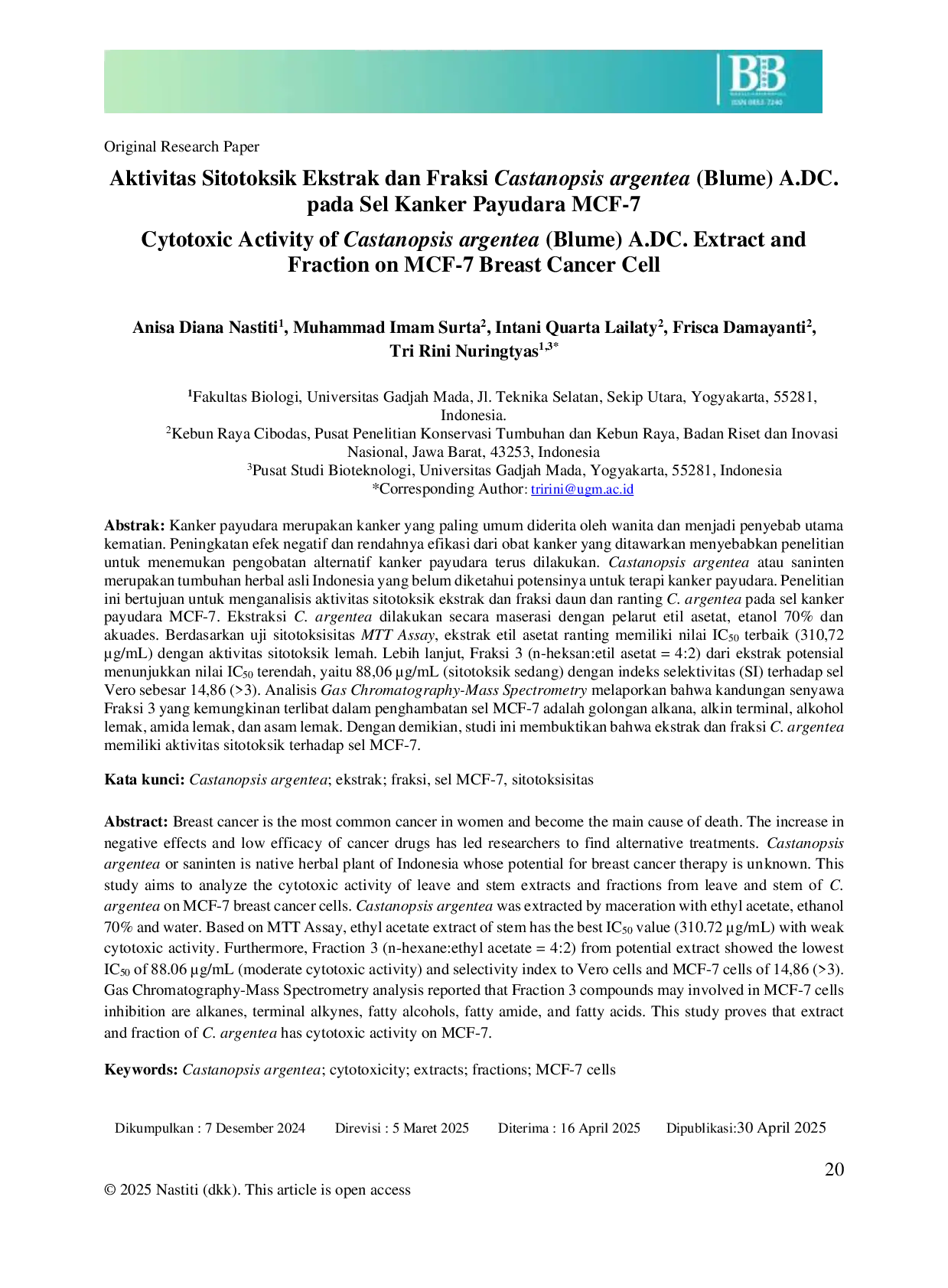 JURIS Cytotoxic Activity of Castanopsis argentea Blume A DC Extract and Fraction on MCF 7 Breast Cancer Cell