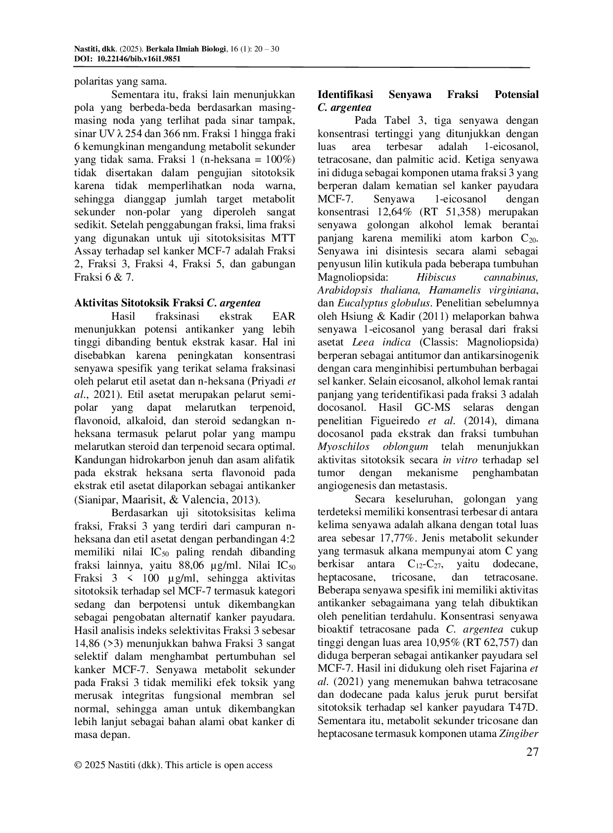 JURIS Cytotoxic Activity of Castanopsis argentea Blume A DC Extract and Fraction on MCF 7 Breast Cancer Cell