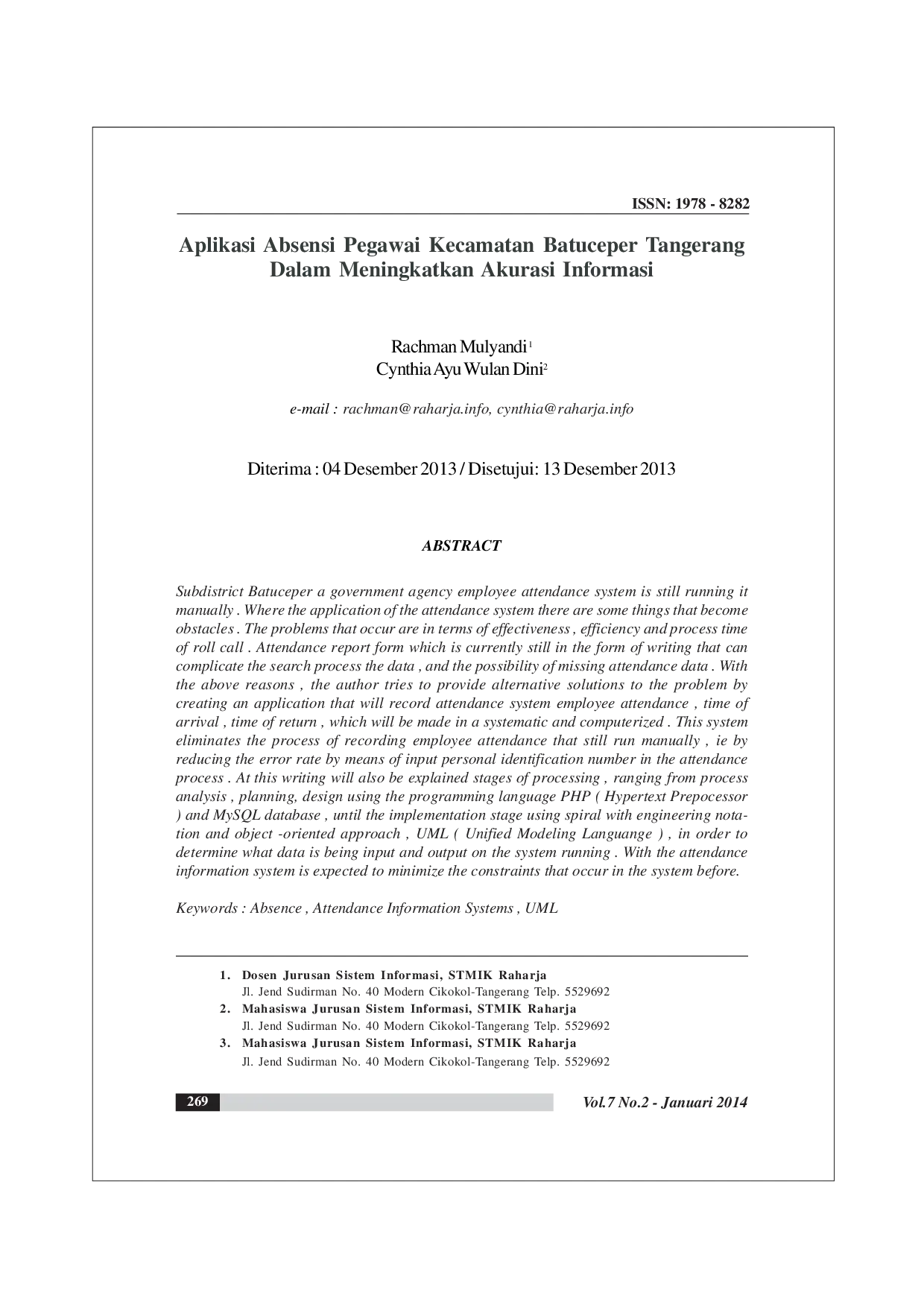 JURIS Aplikasi Absensi Pegawai Kecamatan Batuceper Tangerang Dalam Meningkatkan Akurasi Informasi