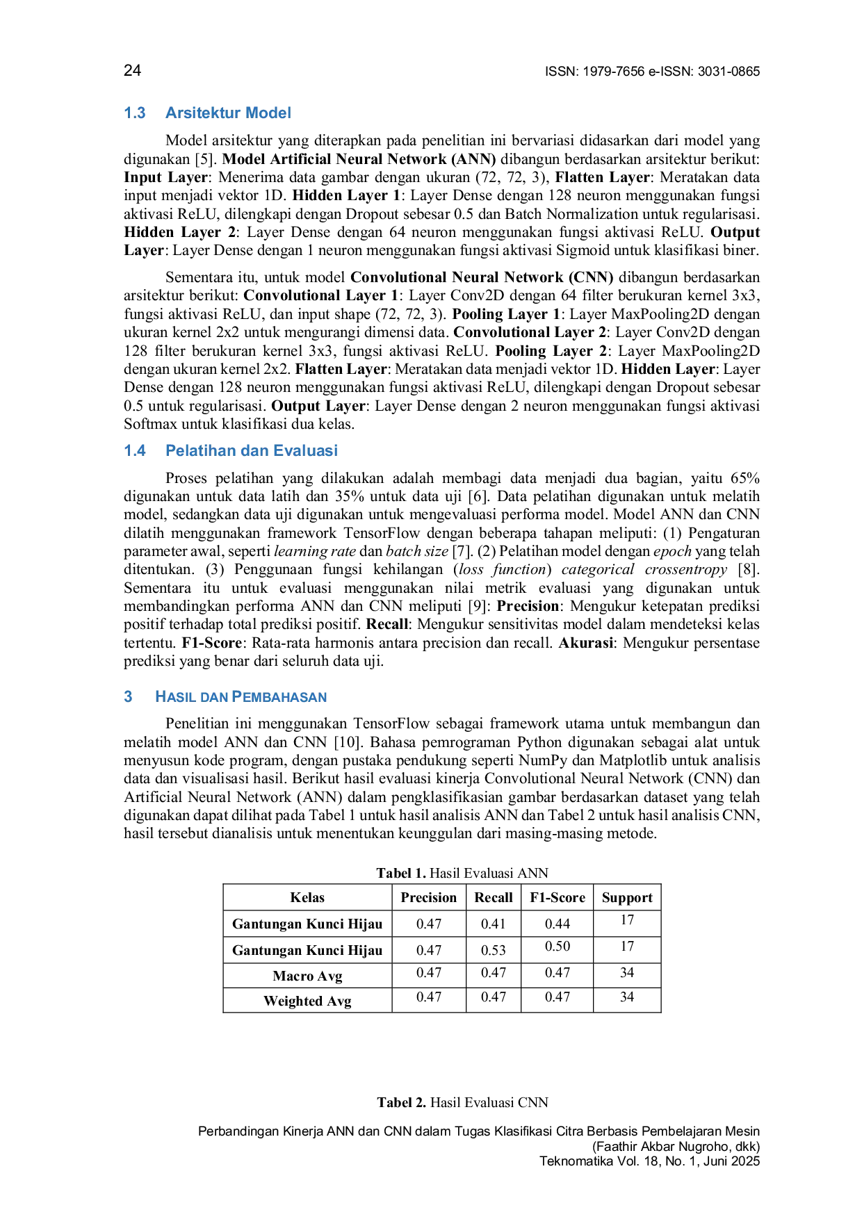 JURIS Perbandingan Kinerja ANN dan CNN dalam Tugas Klasifikasi Citra Berbasis Pembelajaran Mesin