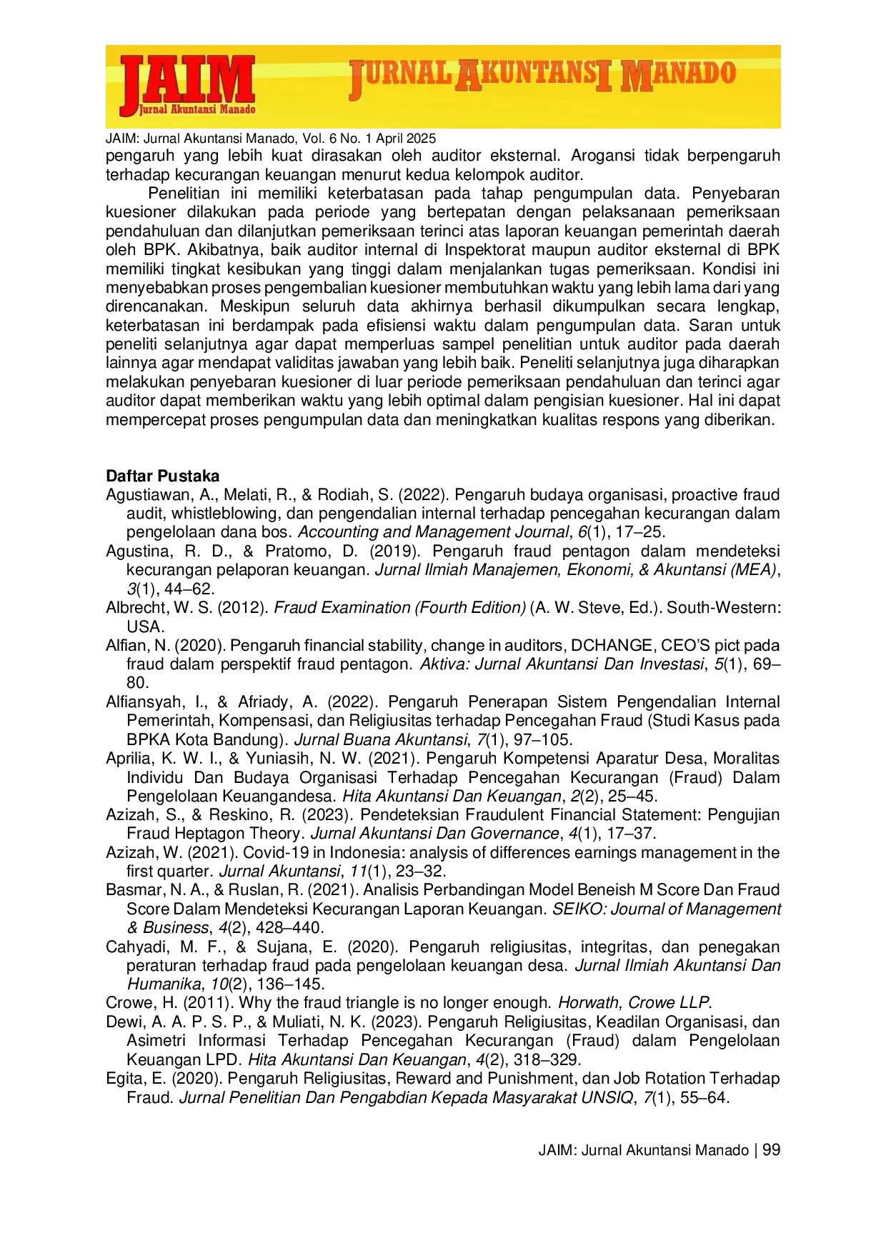 JURIS Determinan Deteksi Kecurangan Keuangan Fraud Heptagon dalam Persepsi Auditor Eksternal dan Internal