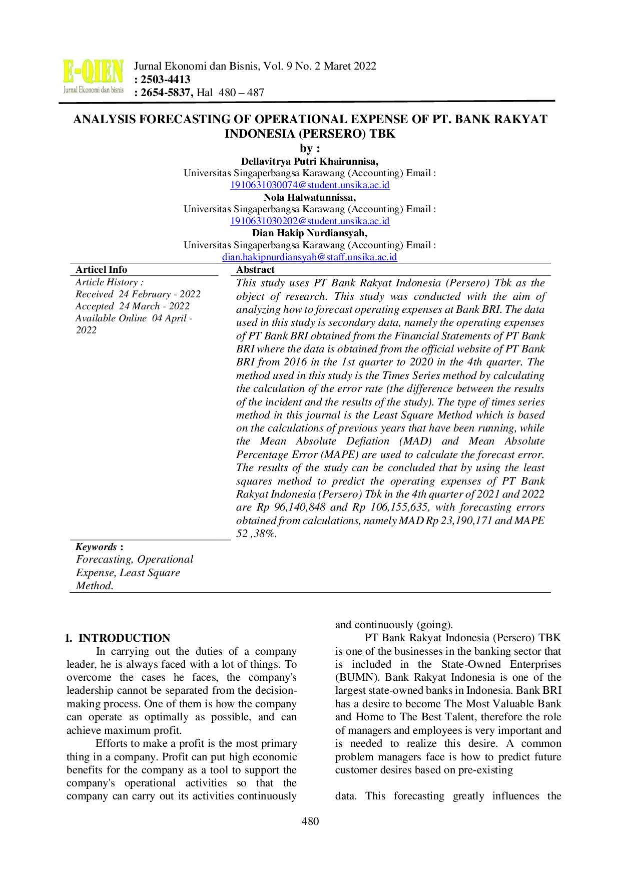JURIS Analysis Forecasting Of Operational Expense Of Pt Bank Rakyat Indonesia Persero Tbk