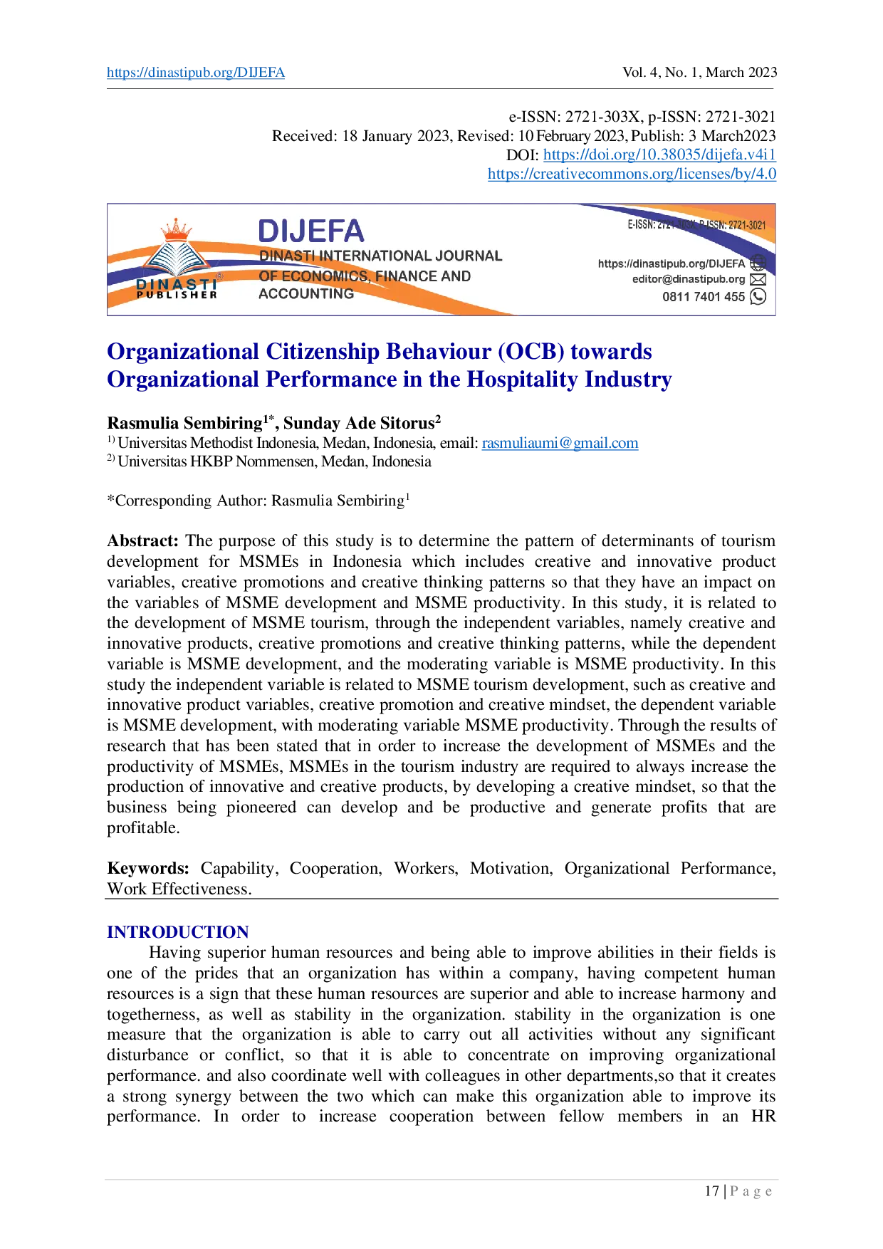 juris Organizational Citizenship Behaviour OCB towards Organizational Performance in the Hospitality Industry