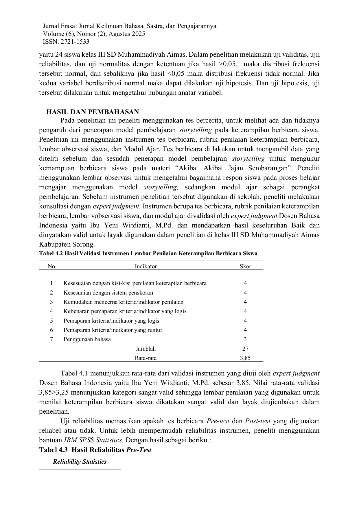 JURIS Pengaruh Model Storytelling Pada Keterampilan Berbicara Siswa Kelas Iii Sd Muhammadiyah Aimas Kabupaten Sorong