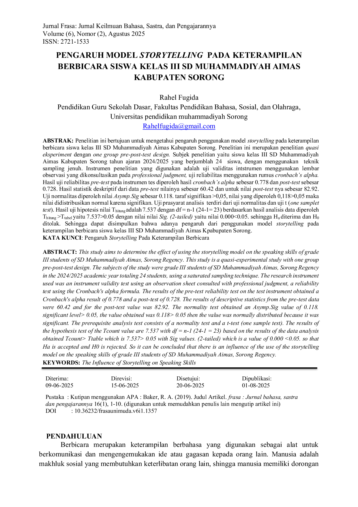 JURIS Pengaruh Model Storytelling Pada Keterampilan Berbicara Siswa Kelas Iii Sd Muhammadiyah Aimas Kabupaten Sorong