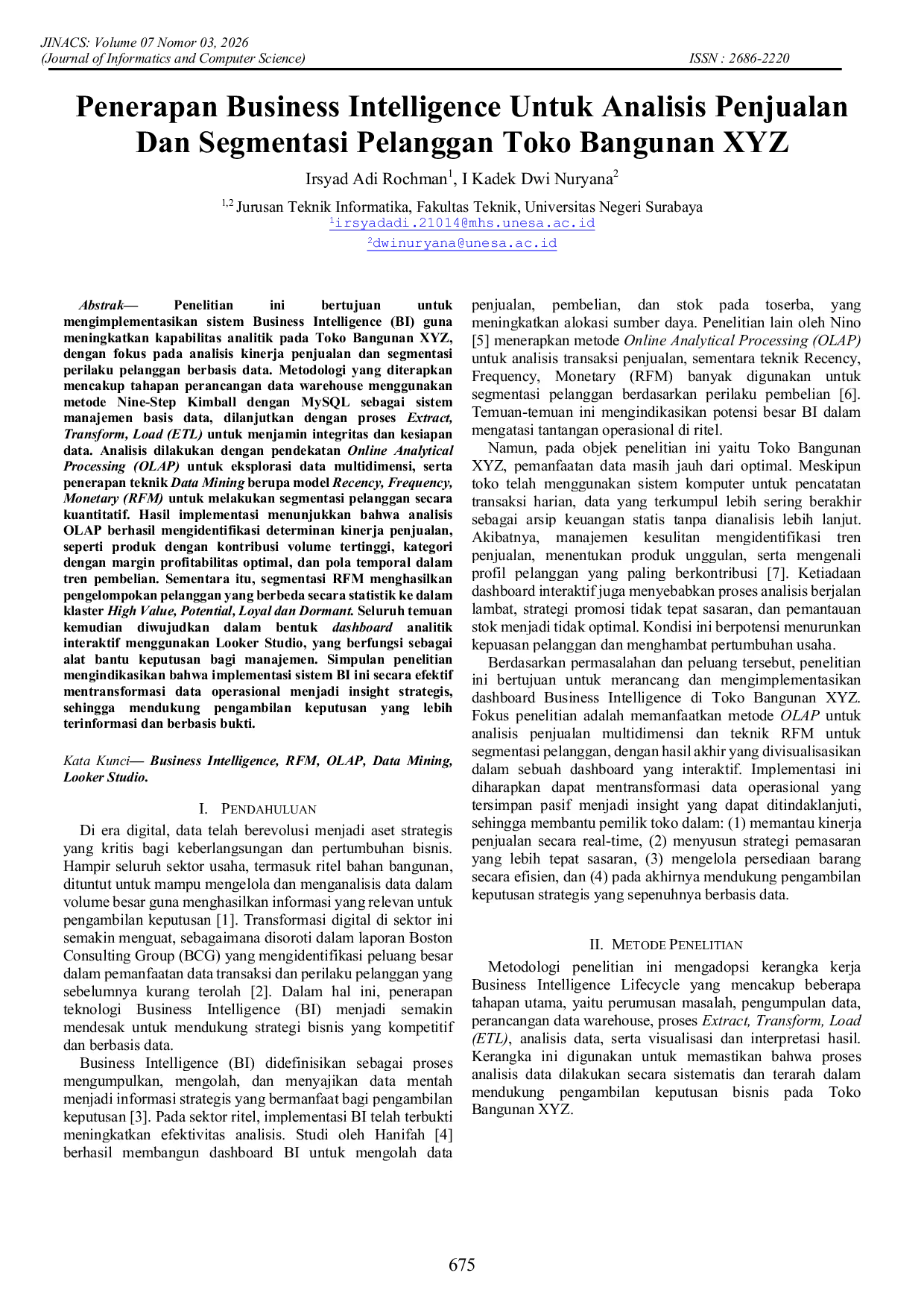 JURIS Penerapan Business Intelligence untuk Analisis Penjualan dan Segmentasi Pelanggan Toko Bangunan XYZ